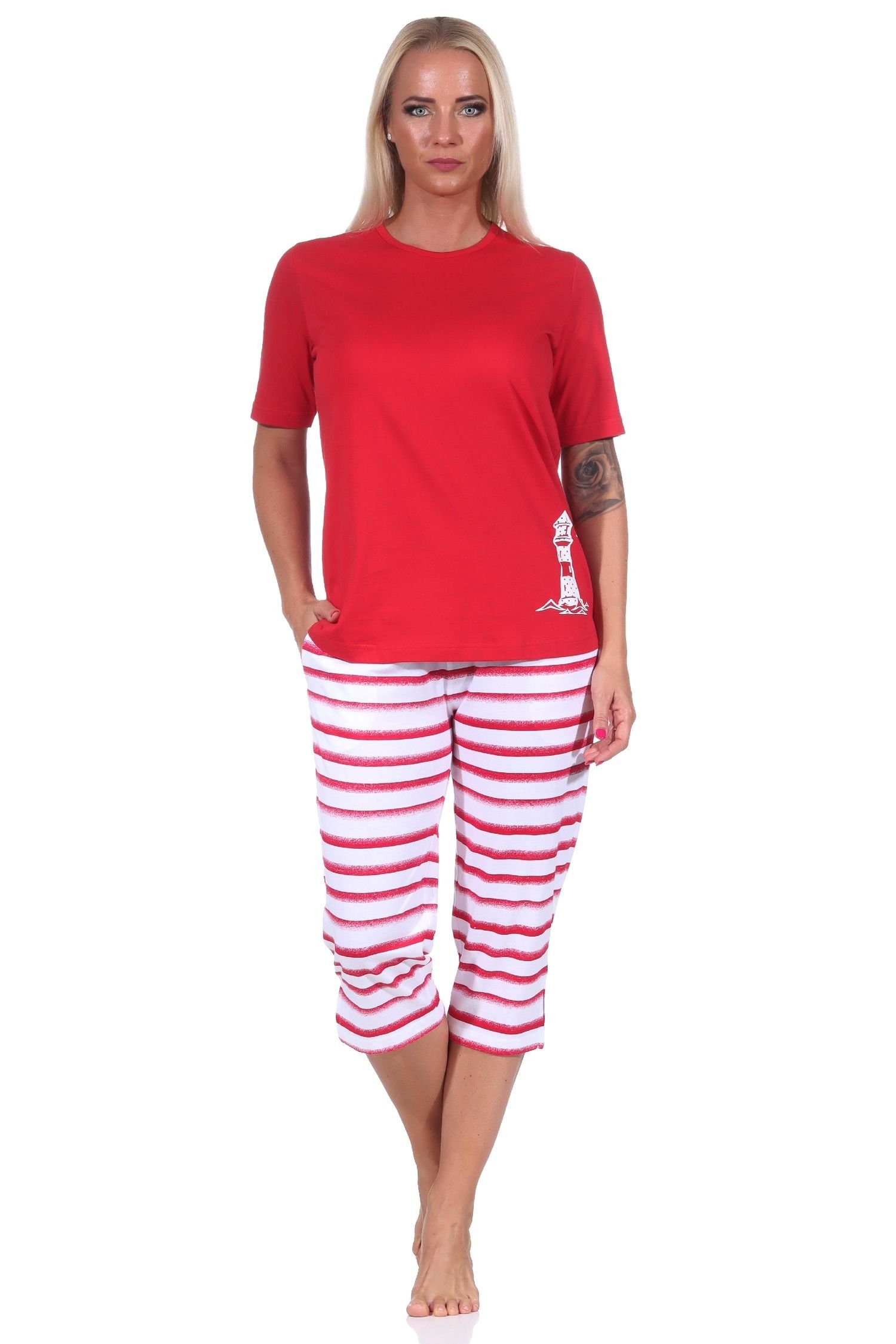 Normann Pyjama Damen Leuchtturm rot Motiv Capri Schlafanzug, kurzarm Top Maritimer mit