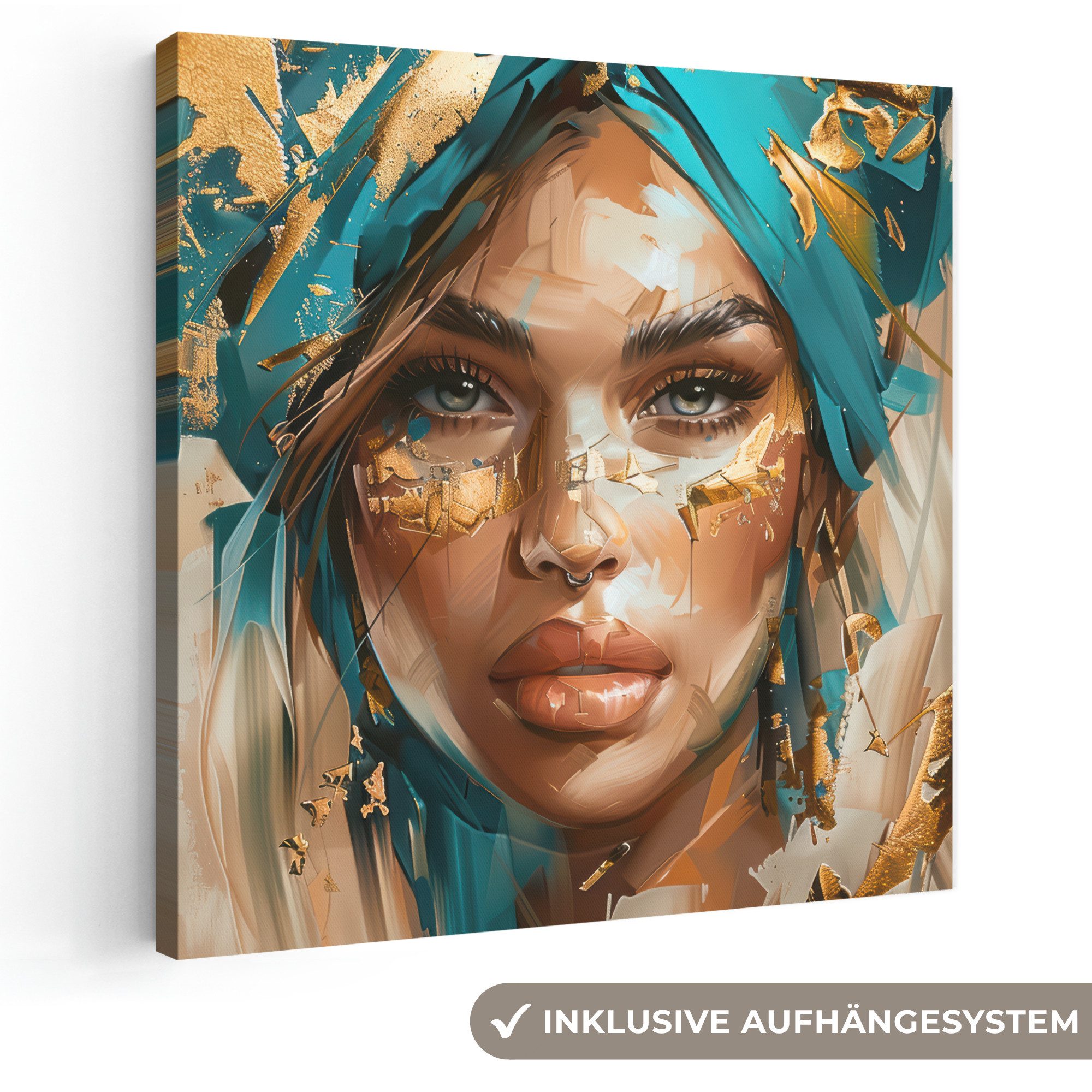 OneMillionCanvasses® Leinwandbild Frau - Porträt - Gold - Luxus - Blau, Fotodruck (1 St), Wandbild, Deko Schlafzimmer Wohnzimmer Flur 20x20 cm