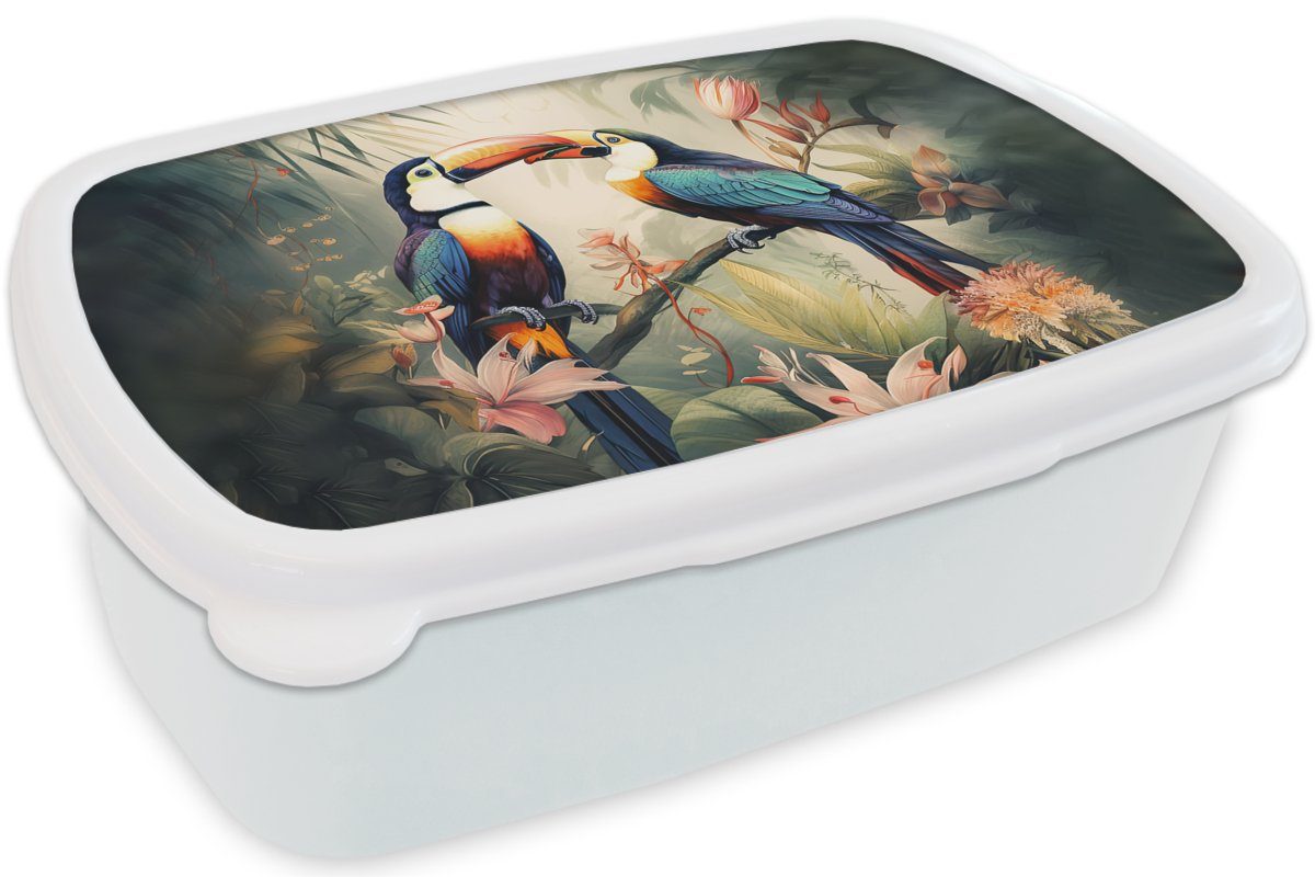 MuchoWow Lunchbox Tukan - Vögel Brotdose, Blumen Brotbox für Jungs - Dschungel, Erwachsene, (2-tlg), für - Natur Kunststoff, weiß - Mädchen und Kinder und