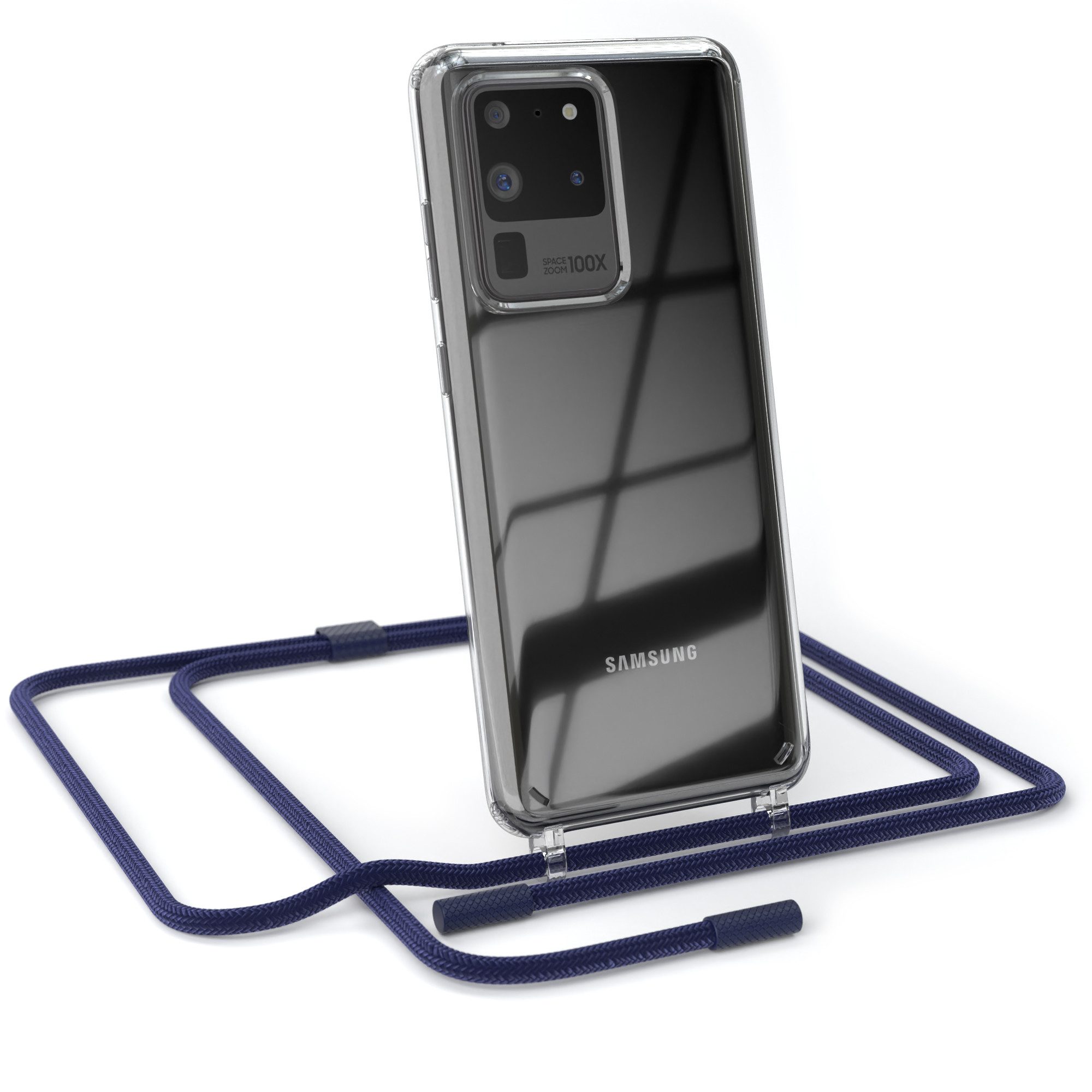 EAZY CASE Handykette Silikon Kette Unifarbe für Galaxy S20 Ultra / 5G 6,9 Zoll, Handytasche durchsichtige Silikon Hülle mit breitem Umhängeband Blau