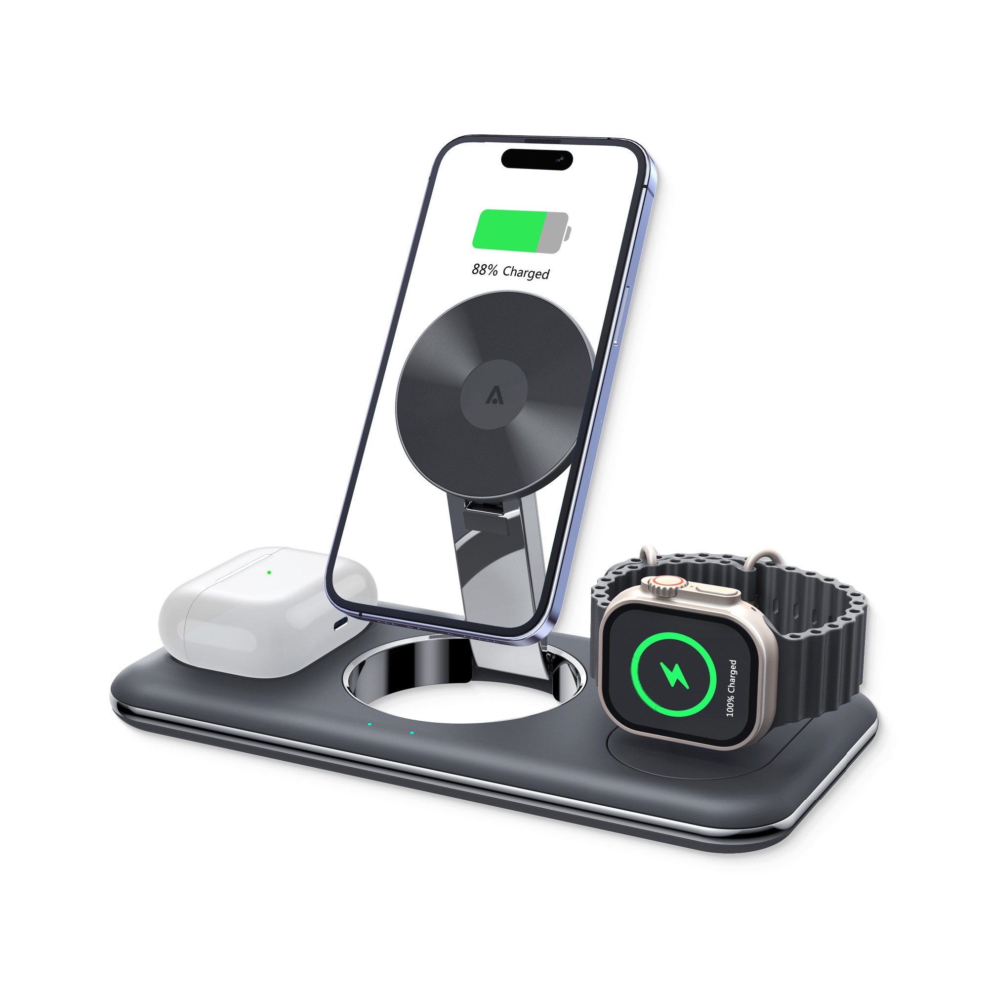 alkaya. Wireless 3 in 1 Ladestation kompatibel mit Magsafe, Ladegerät Ladestation (iWatch, Samsung/Apple Handys, AirPods aufladen, LED-Anzeige)