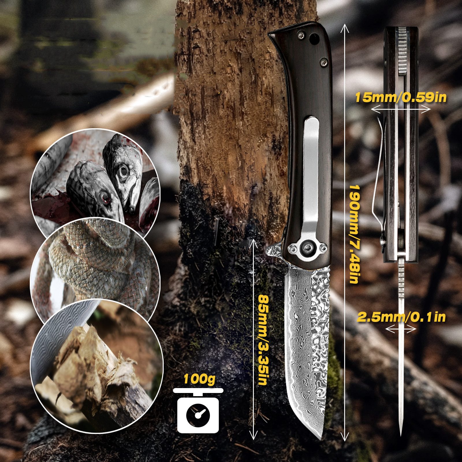 KingLux Damastmesser Damast Taschenmesser Klappmesser Einhandmesser mit Messerscheide – Bild 3 von 5
