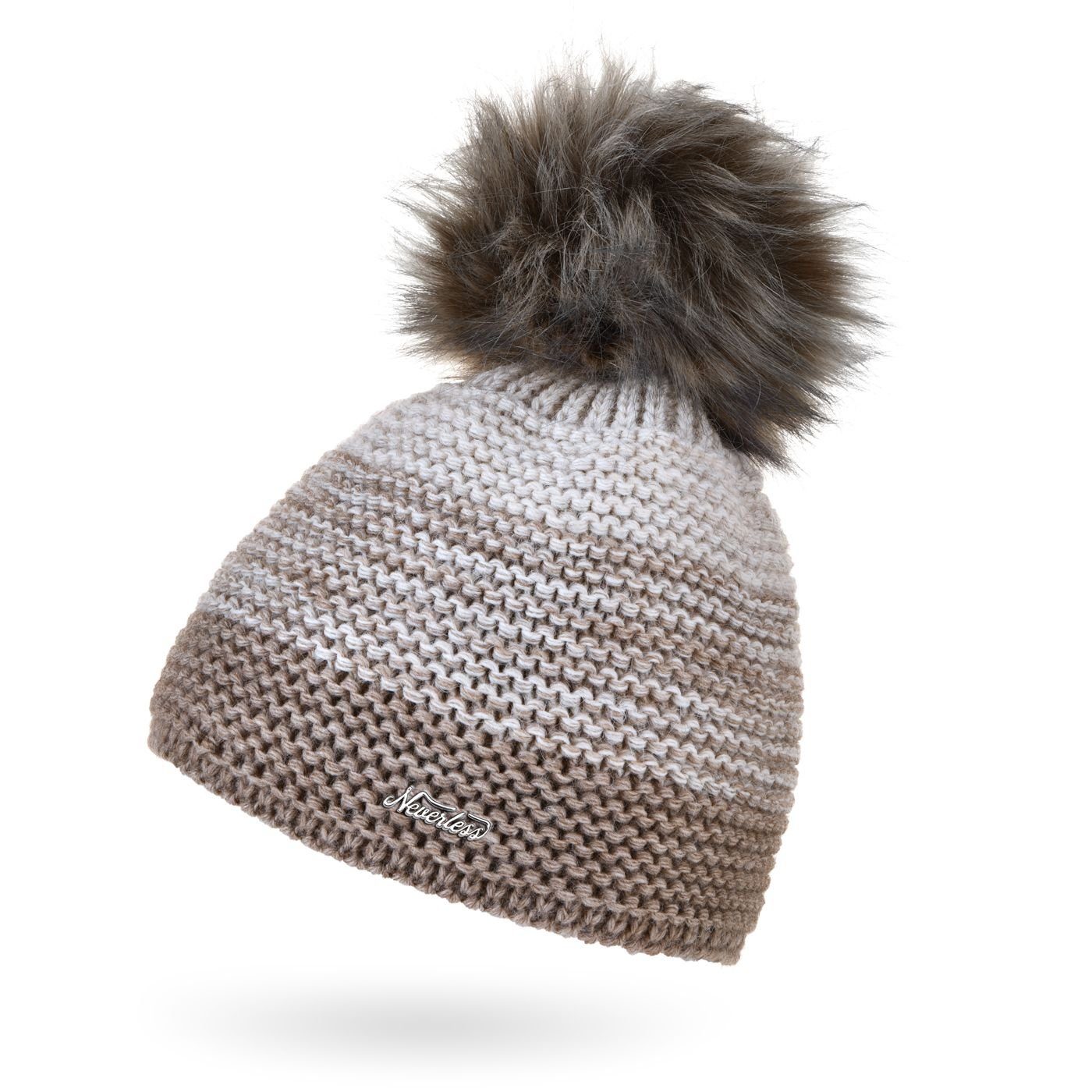 Neverless Bommelmütze Damen Mütze gefüttert Fleece-Innenfutter Fell-Bommel Kunstfell