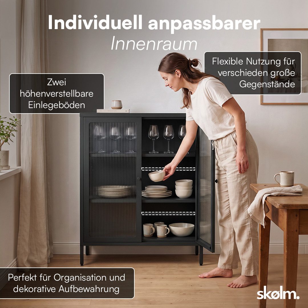 skølm Highboard Norns Vitrinenschrank mit Glastüren (schwarz, bis 80 kg belastbar, kratzfest), Metallkommode mit verstellbaren Fächern, Sideboard 100x38x80 cm – Bild 3 von 5