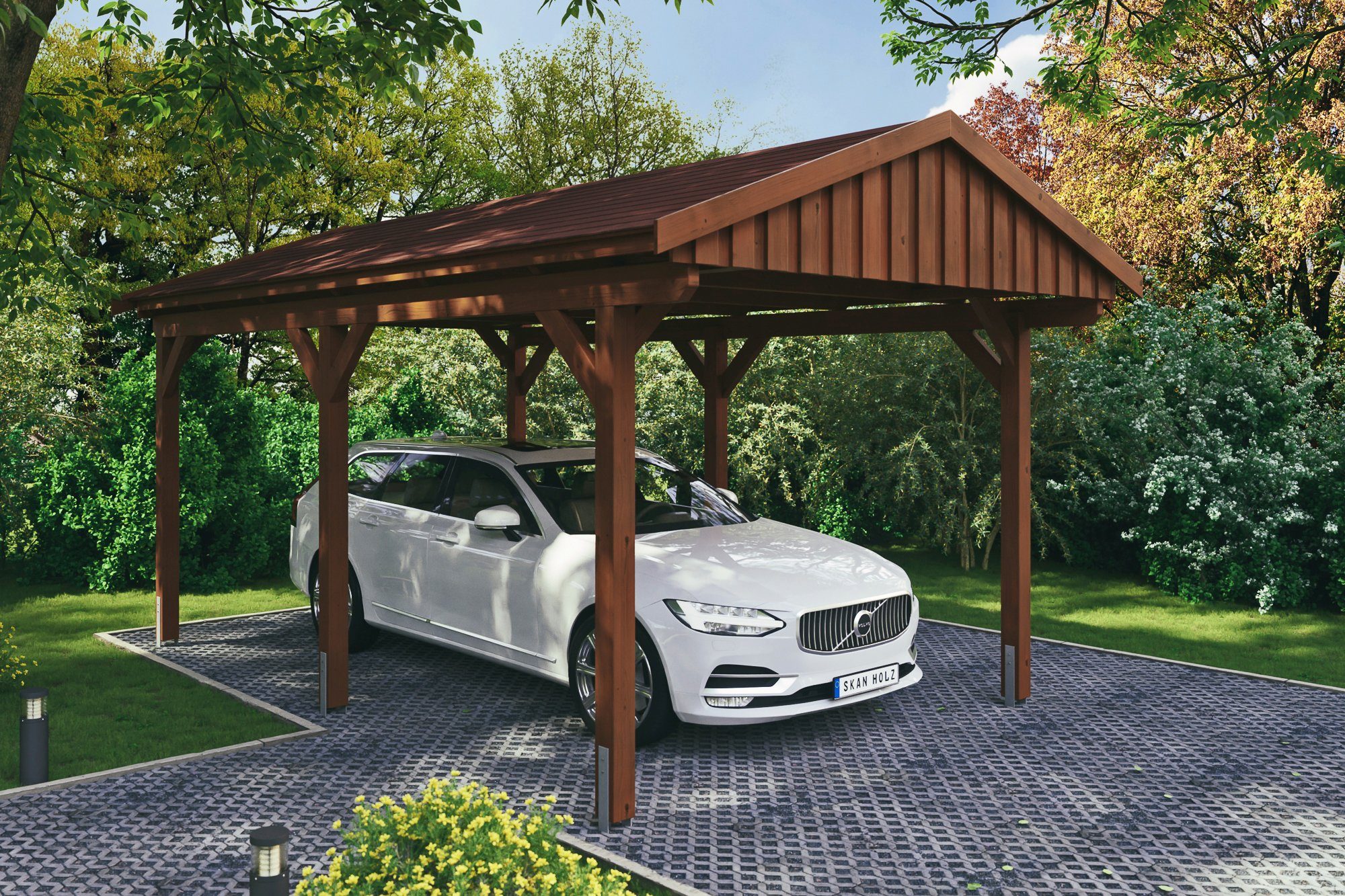 Skanholz Einzelcarport Fichtelberg, BxT: 317x566 cm, 273 cm Einfahrtshöhe, mit roten Schindeln