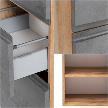 Lomadox Hochschrank VASTO-03-CONCRETE 65cm Midischrank mit Schublade Wotan Eiche Nb. mit Beton Optik