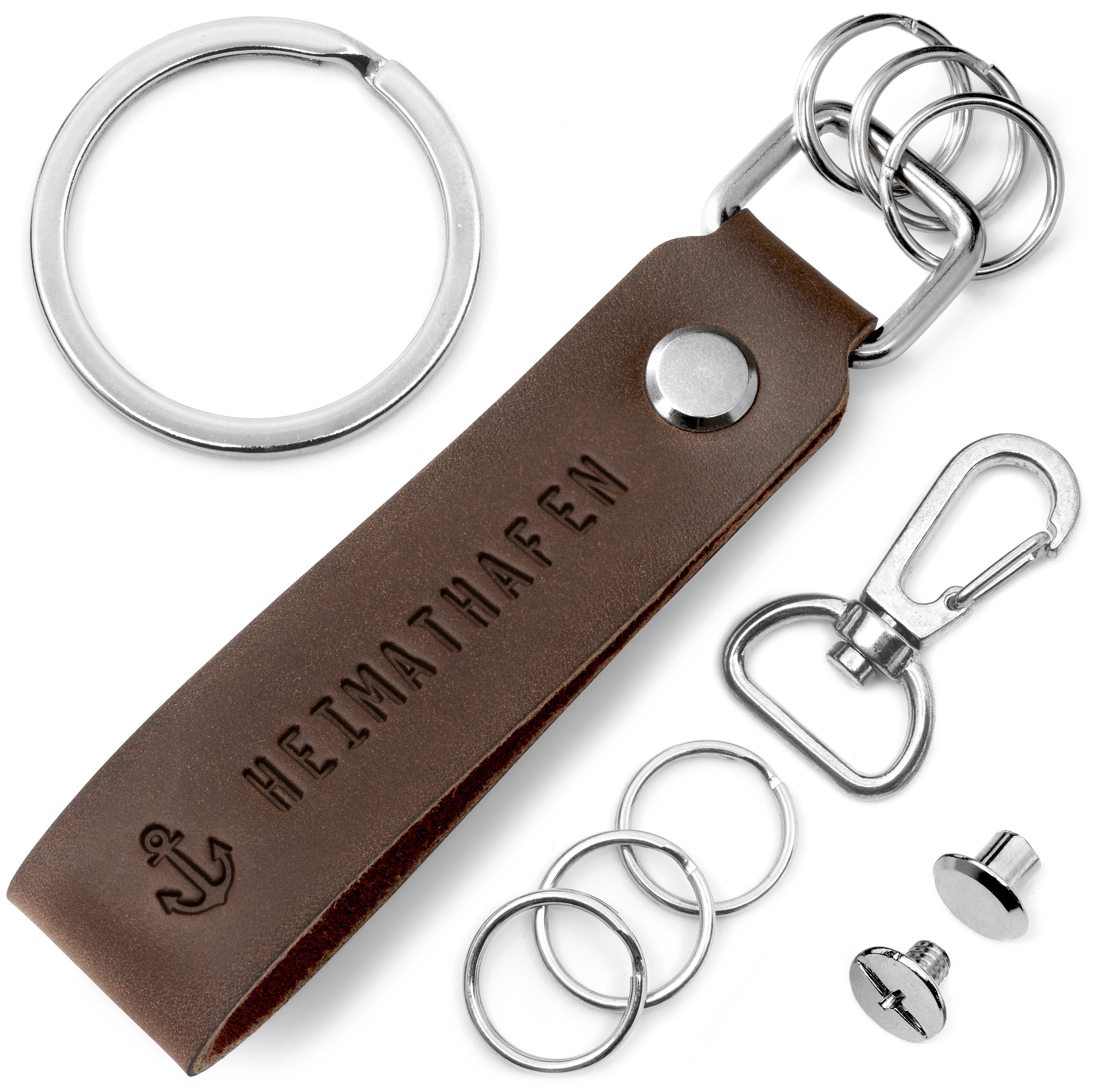 FABACH Schlüsselanhänger Leder mit Schlüsselring Anhänger Gravur Braun - wechselbarem "Heimathafen"
