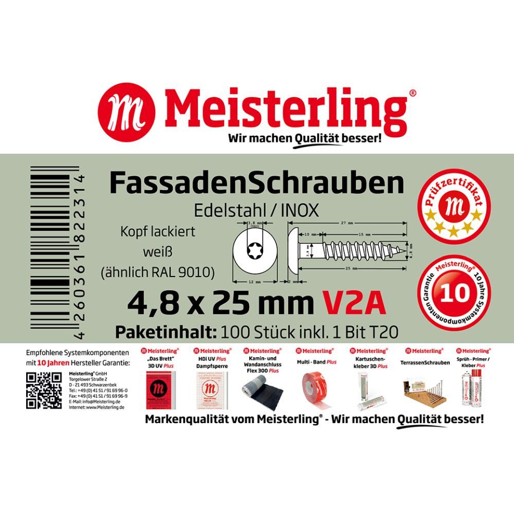Meisterling® Fassadenschraube INOX, (V2A - 4,8 x 25 mm, Flachkopf Torx T20, 100 Stk), Weiss – Bild 3 von 5