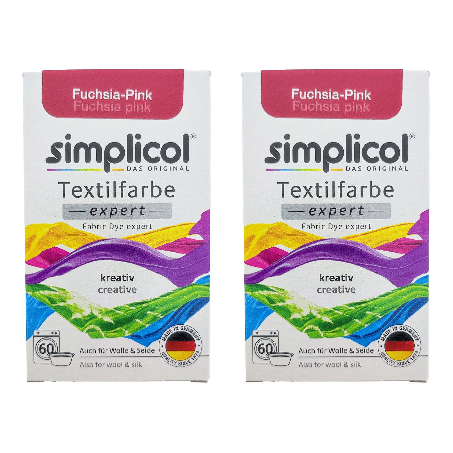 simplicol Textilfarbe 2er Pack Simplicol Textilfarbe Expert Fuchsia-Pink 150g, Farberneuerung Textilfärbemittel Farbauffrischung Farbmischung Batik