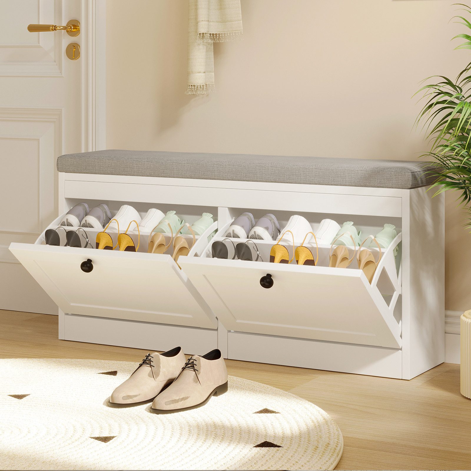 VOWNER Schuhschrank mit 2 Klappen, Sitzbank mit Sitzkissen 106 × 32 × 52 cm