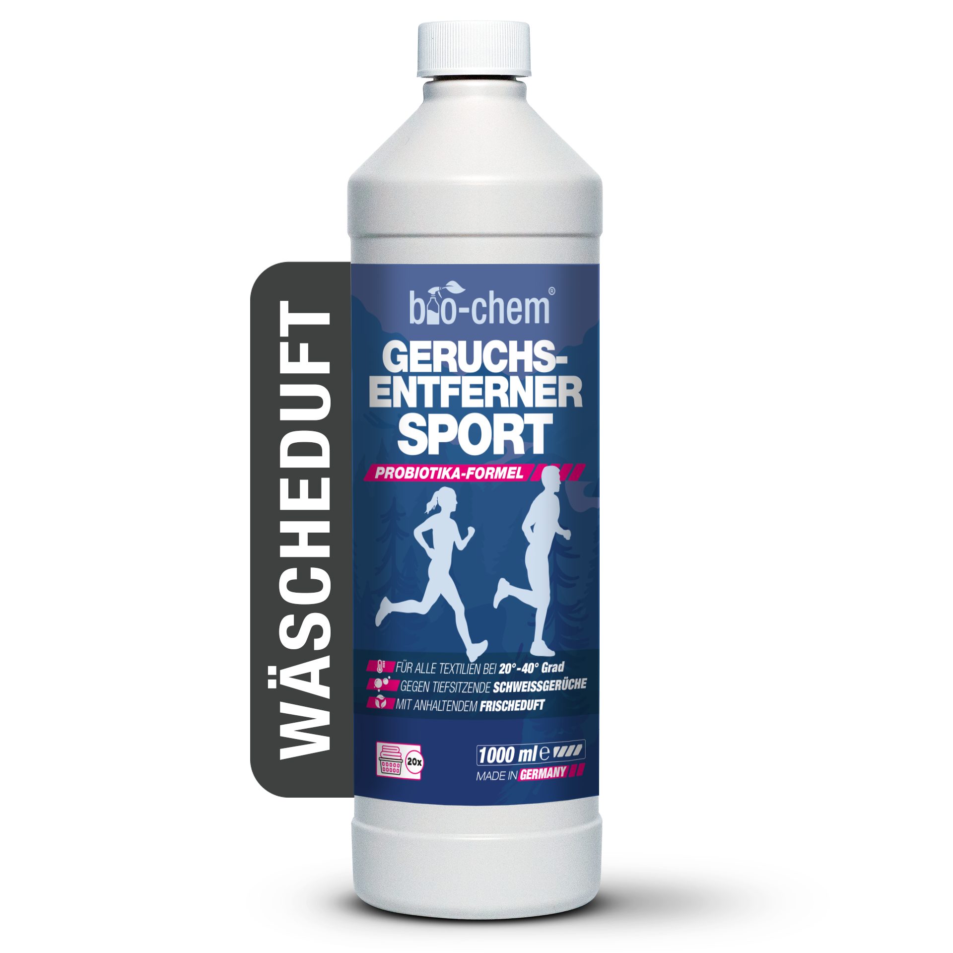 bio-chem Textilerfrischer Geruchsentferner & Wäscheduft Sport 1 L - Probiotischer Waschzusatz (Geruchsentferner Sport 1 L + Dosierbecher)