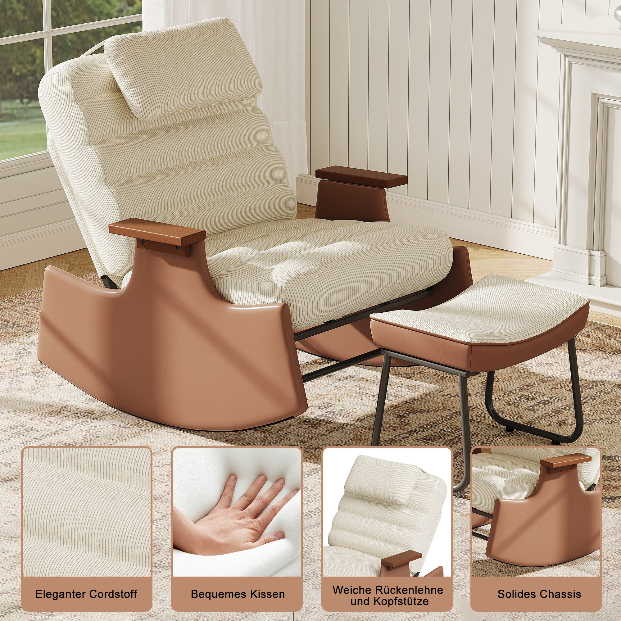 FUROKOY Schaukelstuhl Relaxsessel 3-stufia verstellbare Rückenlehne (Set, 1 St), Wohnzimmersessel mit Armlehnen und Hocker Cord,Beige,62x52x81cm