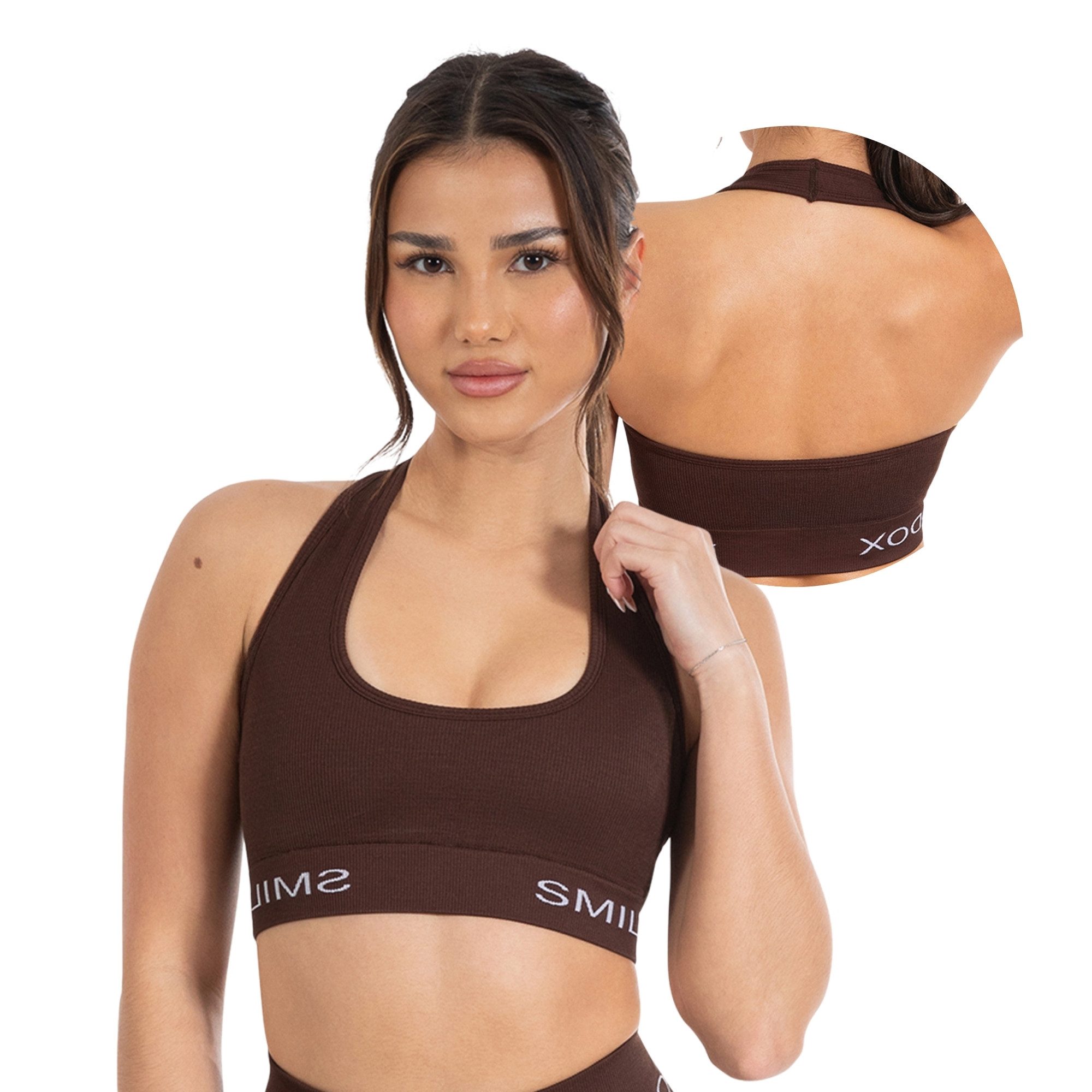 Smilodox Sport-BH Azura, Seamless Sport Top Rückenfrei Starker Halt Fitness Alltag Scrunch Bra ohne Bügel Atmungsaktiv Yoga Gym Bustier Schriftzug