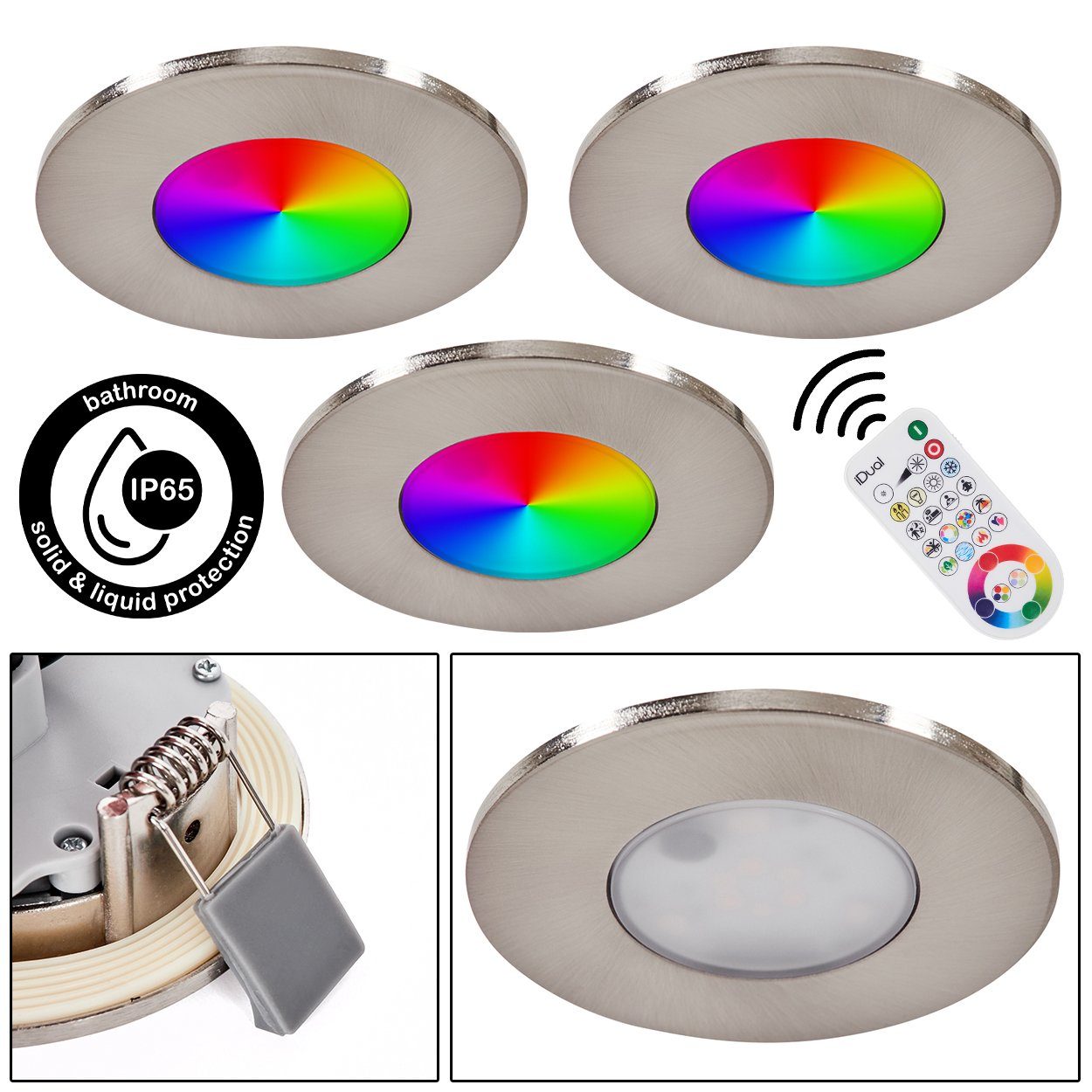 hofstein Deckenleuchte »Miramar« 3er Fernbedienung, Kelvin, mit 6500 Lumen, LED u. 1035 je Set dimmbare Nickel-matt/Klar, RGB-Farbwechsler Deckenleuchte Metall, RGB aus