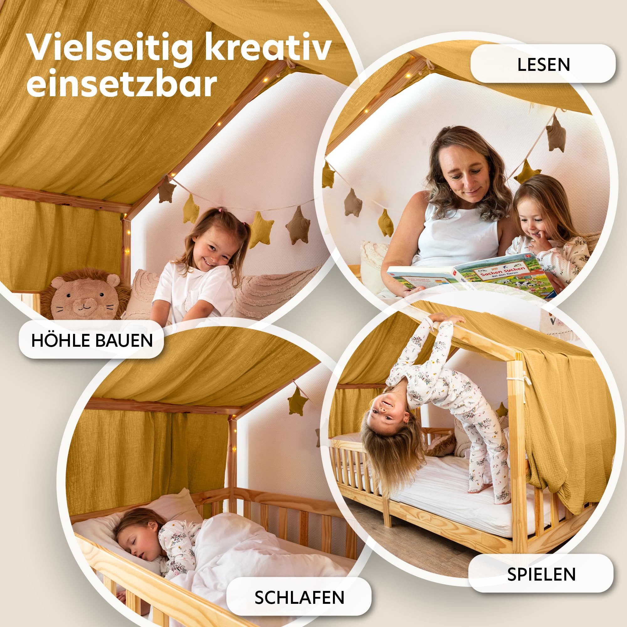 lilimaus Betthimmel Single Hausbett Himmel Gold aus 100% Baumwolle - 12 Farben (1-tlg), Musselin Betthimmel Goldsterne für einseitiges Hausbett