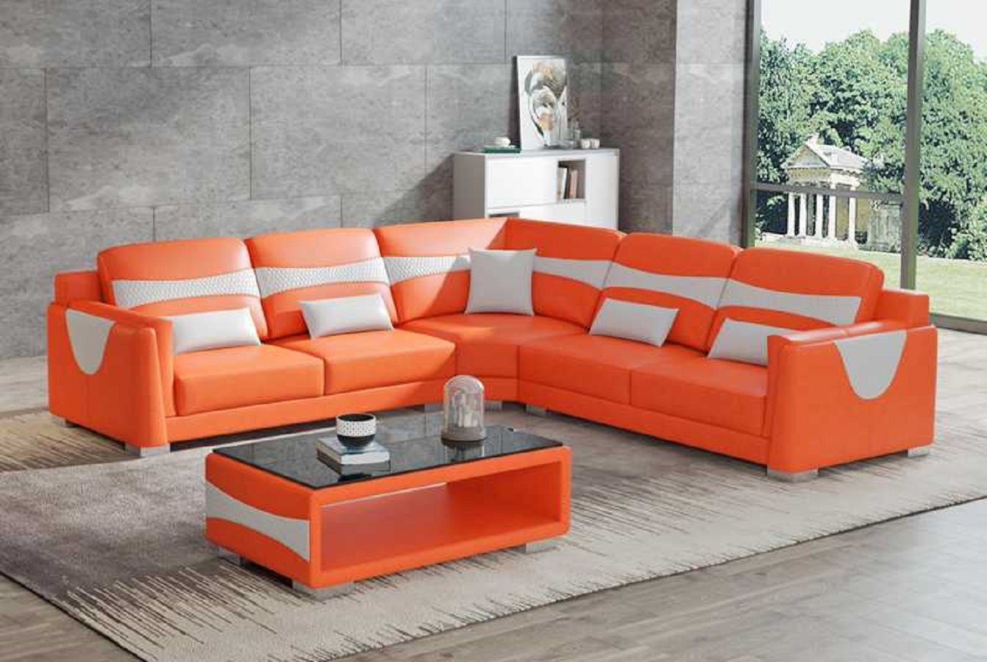 JVmoebel Ecksofa Design Eckgarnitur Ledersofa Ecksofa L Form Couch Kunstleder Sofa, 3 Teile, Made in Europe Orange