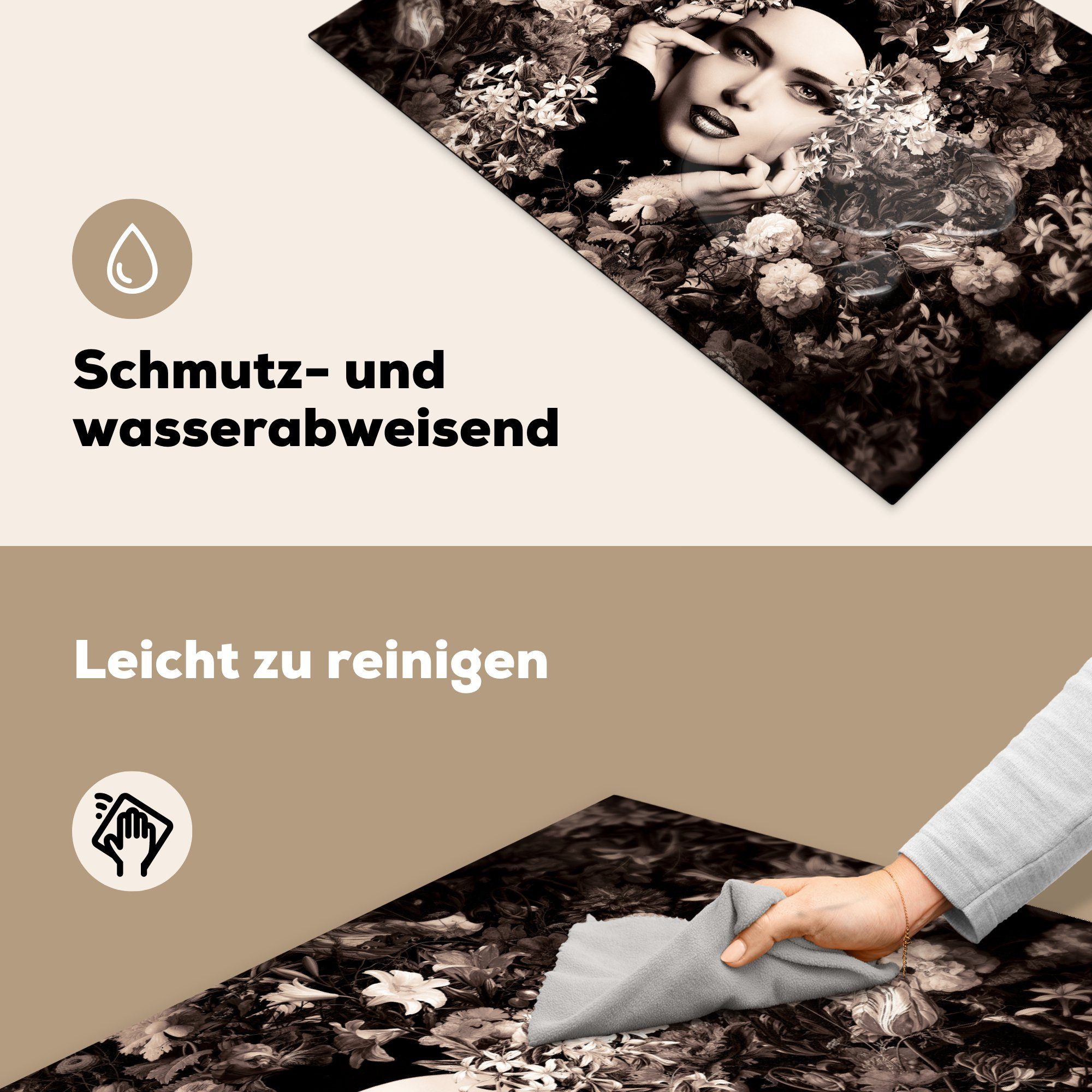 MuchoWow Herdblende-/Abdeckplatte Frau - tlg), - Vinyl, Blumen für cm, Natur, Botanisch küche - 81x52 (1 Arbeitsplatte Ceranfeldabdeckung