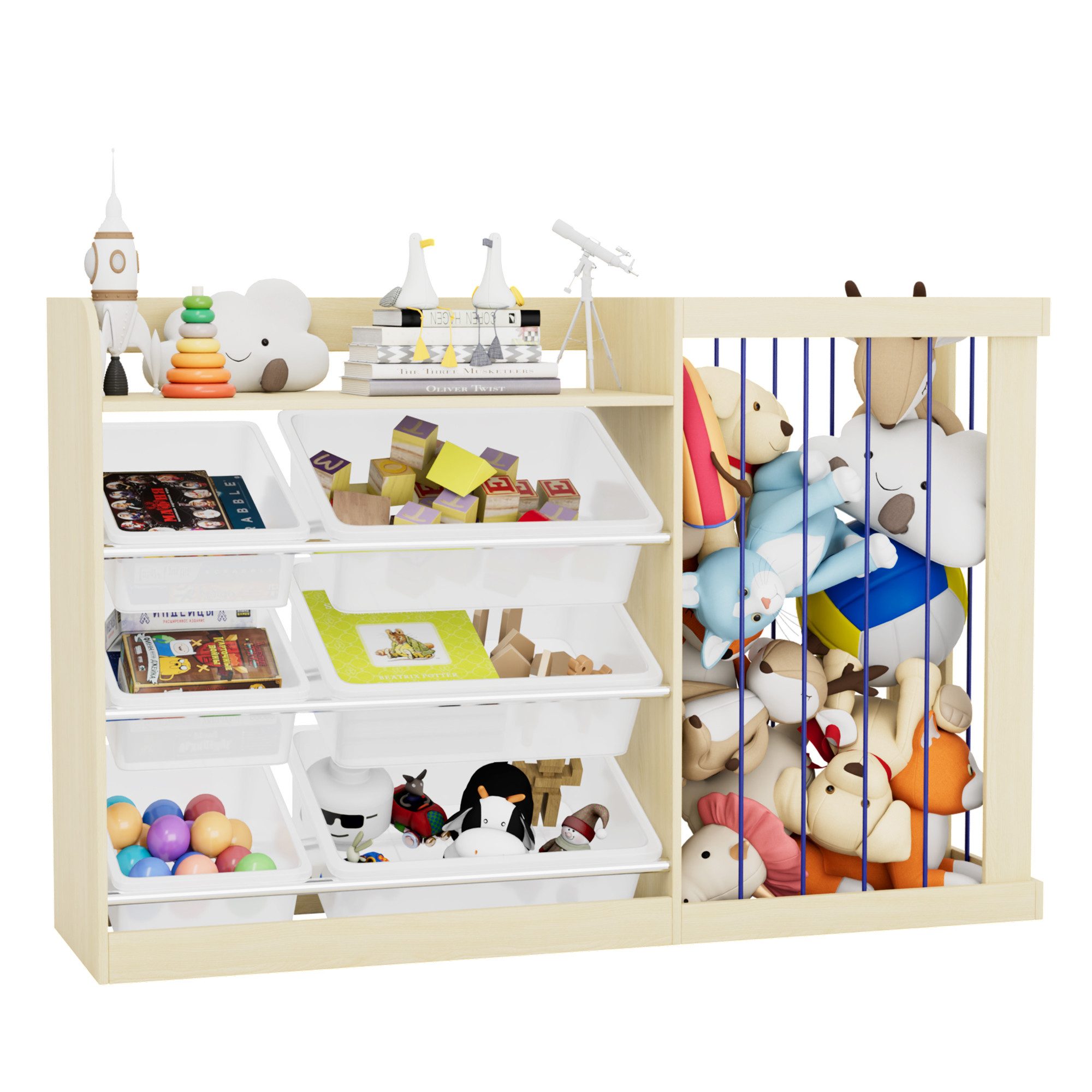 radelldar Spielzeugtruhe 2 in 1 Kinderregal, mit 6 Aufbewahungsbox, 122x34x günstig online kaufen