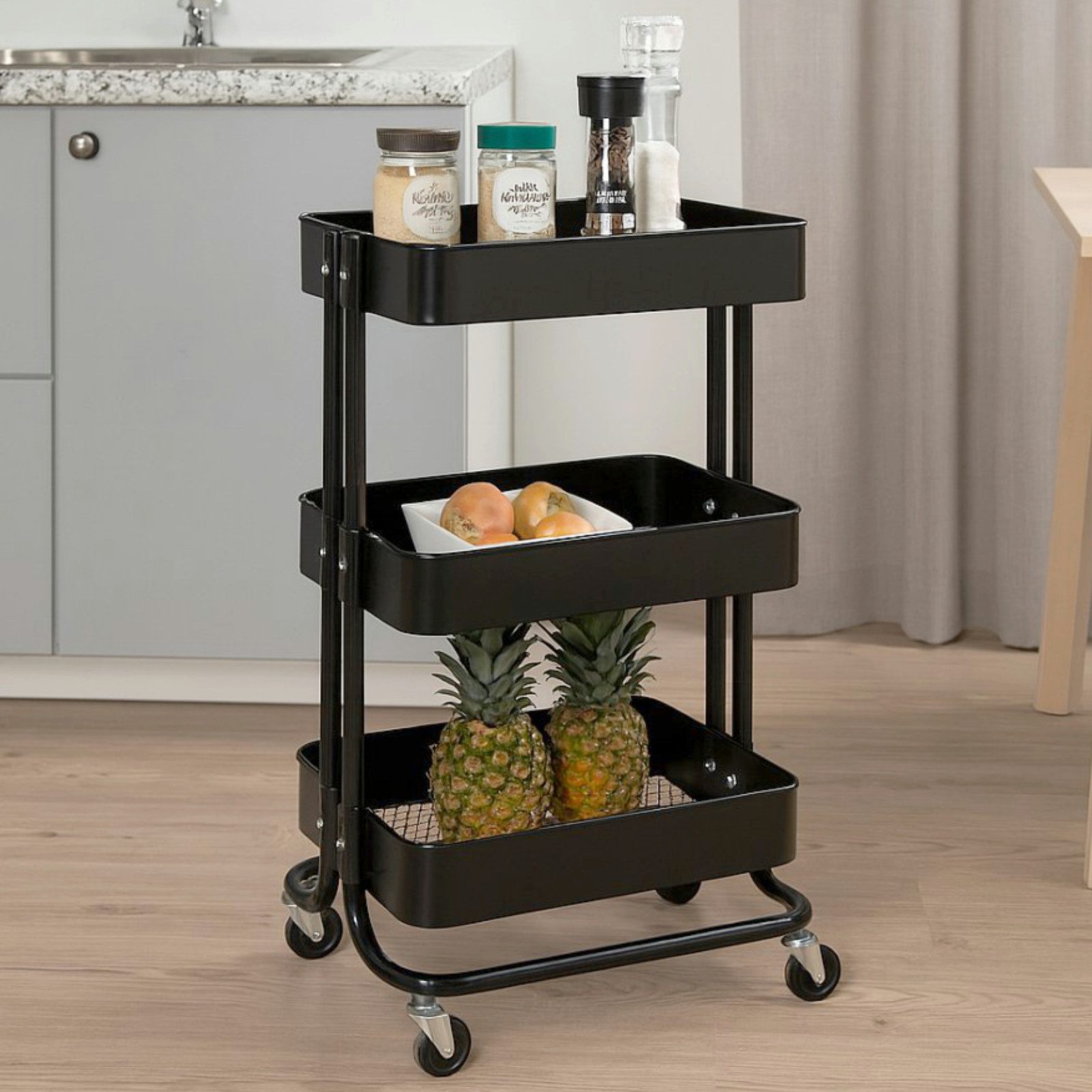 Koopman Küchenwagen Rollwagen Aufbewahrung Metall 76x46x33 cm Bausatz Montage Schwarz, (1 St), Schwarz, 76x46x33cm, Metall, 3 Ebenen, mit Rollen