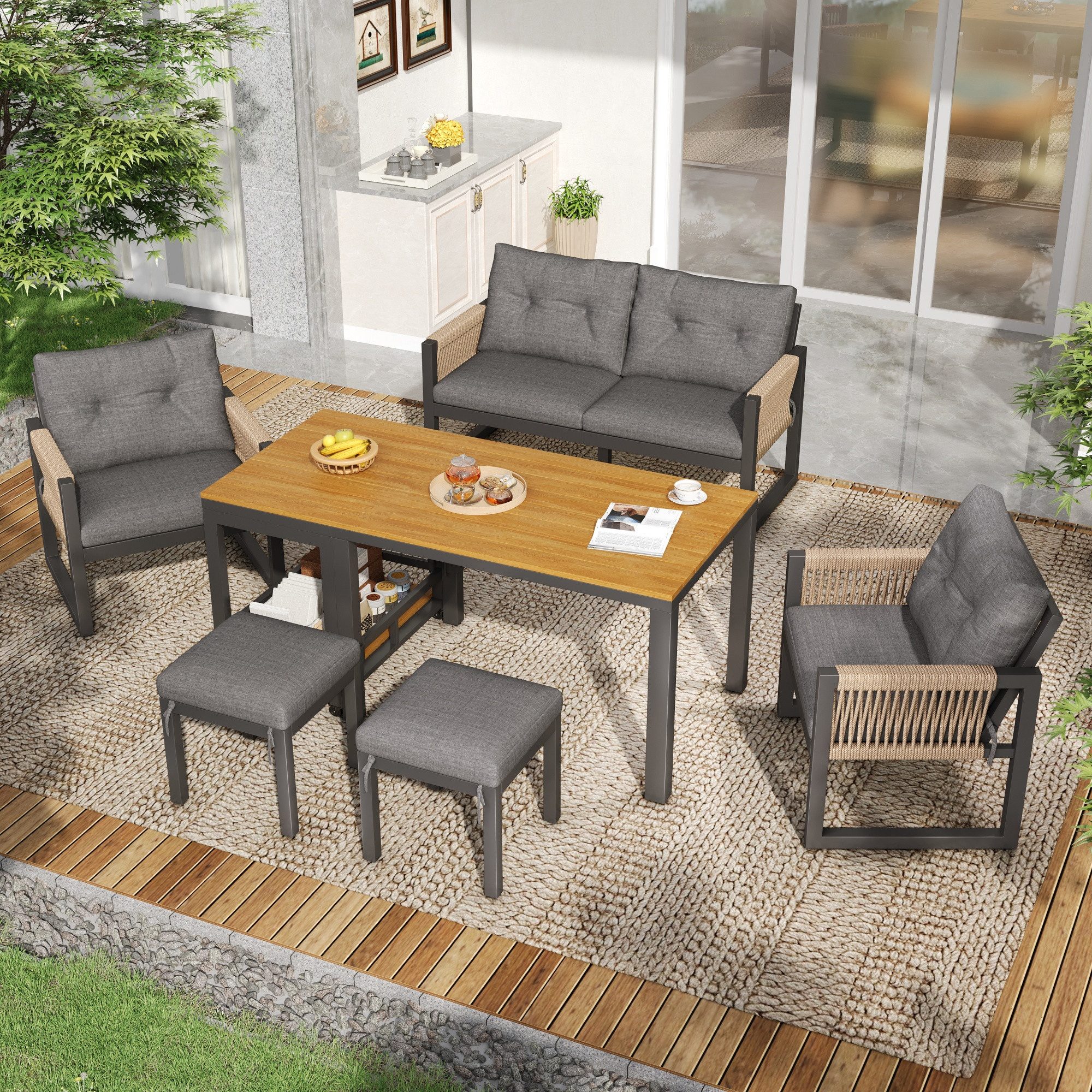 REDOM Sitzgruppe Outdoor-Set für gesellige Runden: Tisch, Stühle & Hocker, (Doppelstuhl, 6-tlg., Vielseitig für Freizeit, Besprechungen oder Familienzeit im Garten), Tisch 150x79,5x75 cm, inkl. abnehmbarem Tisch & 3+2 Sitzgelegenheiten