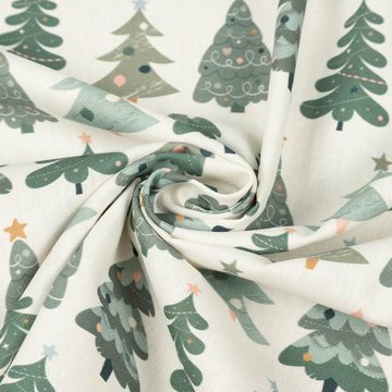 SCHÖNER LEBEN. Stoff Dekostoff Baumwolle Merry Christmas Weihnachtsbäume ecru grün 1,40m, Digitaldruck
