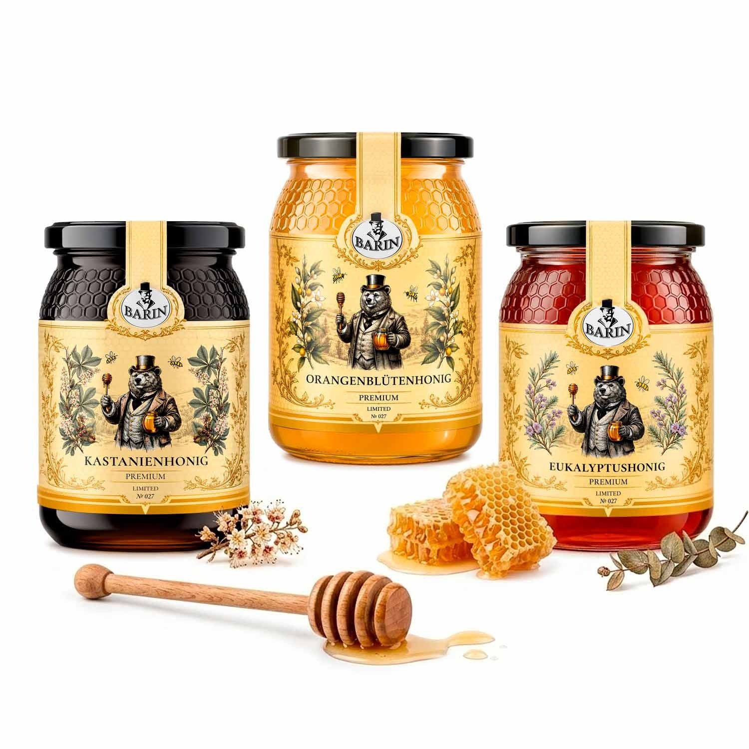 BARIN Honig Set „IMMUNE BOOST“ – Orange, Eukalyptus & Kastanie, 1 x 1500 g, 3 St. (Naturbelassen & ohne Zusatzstoffe, Kräftig-vitalisierendes Sortenhonig-Set aus Portugal), Im Glas