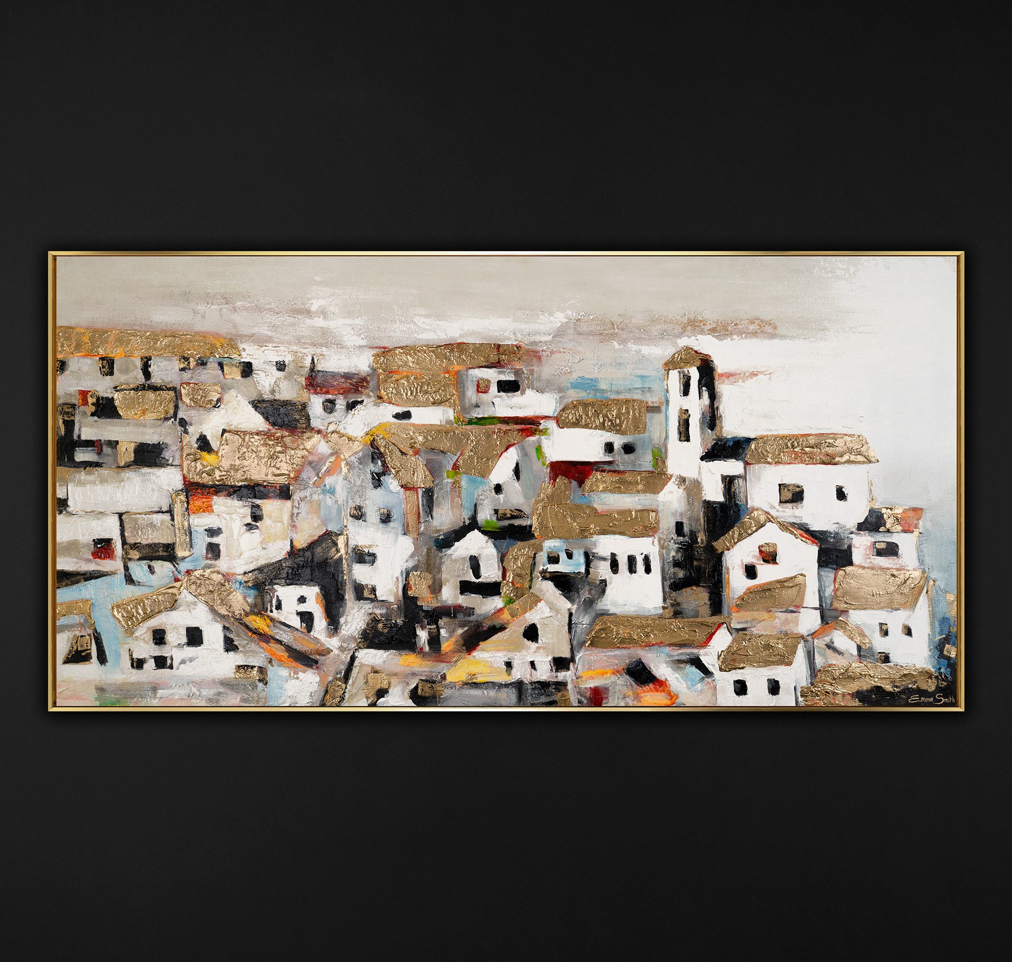 YS-Art Gemälde Häuschen im Sonnenlicht, Architektur, Leinwandbild einer abstrakten Kleinstadt, Dorfleben in gold