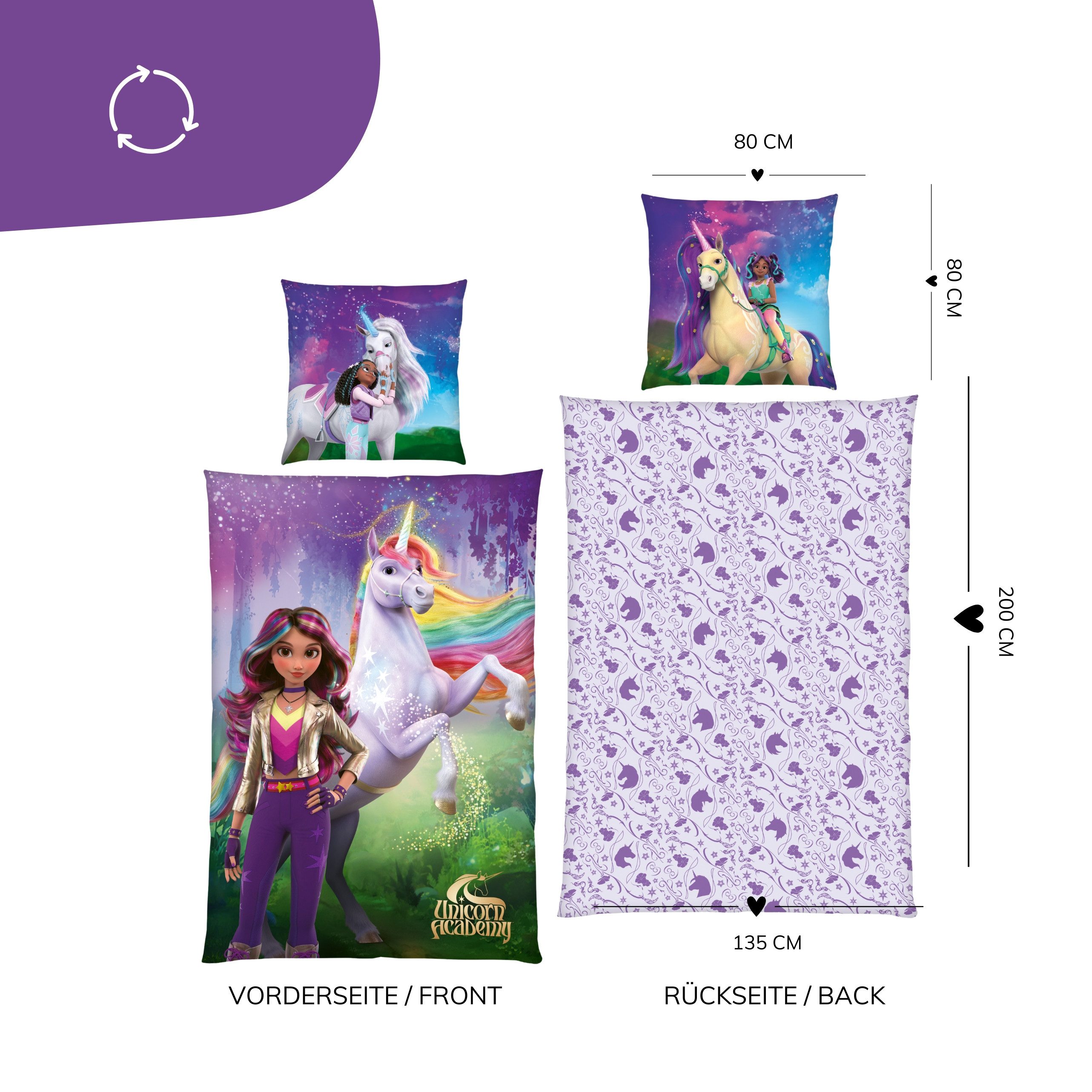 MTOnlinehandel Kinderbettwäsche Unicorn Academy Einhorn 135x200 + 80x80 cm, magisches Design, 100% Microfaser, 2 teilig, Farbenfrohes Motiv für kleine Einhorn-Fans – weich und pflegeleicht