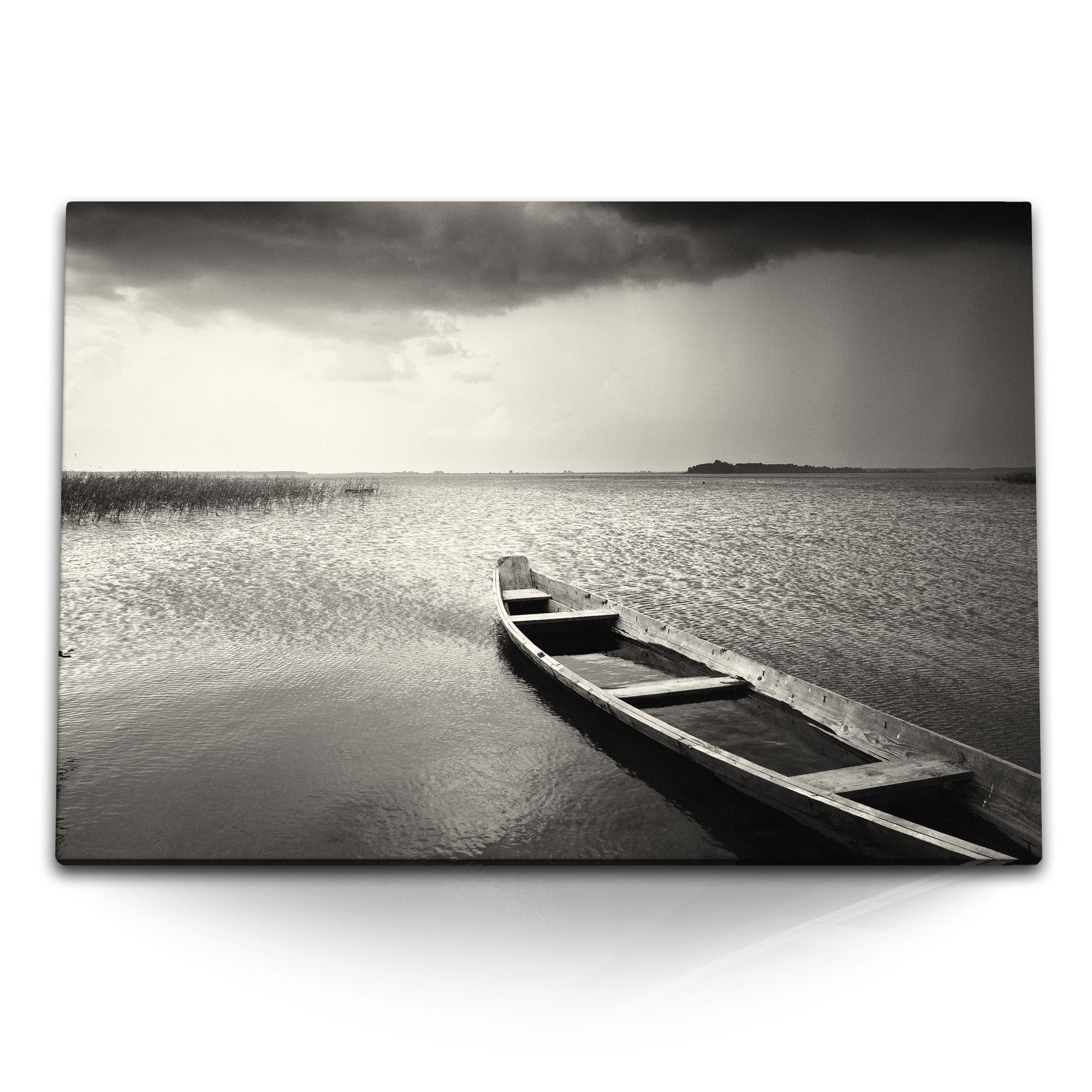 Leinwandbild 120x80cm Wandbild auf Leinwand Altes Fischerboot See Meer Regenwolken