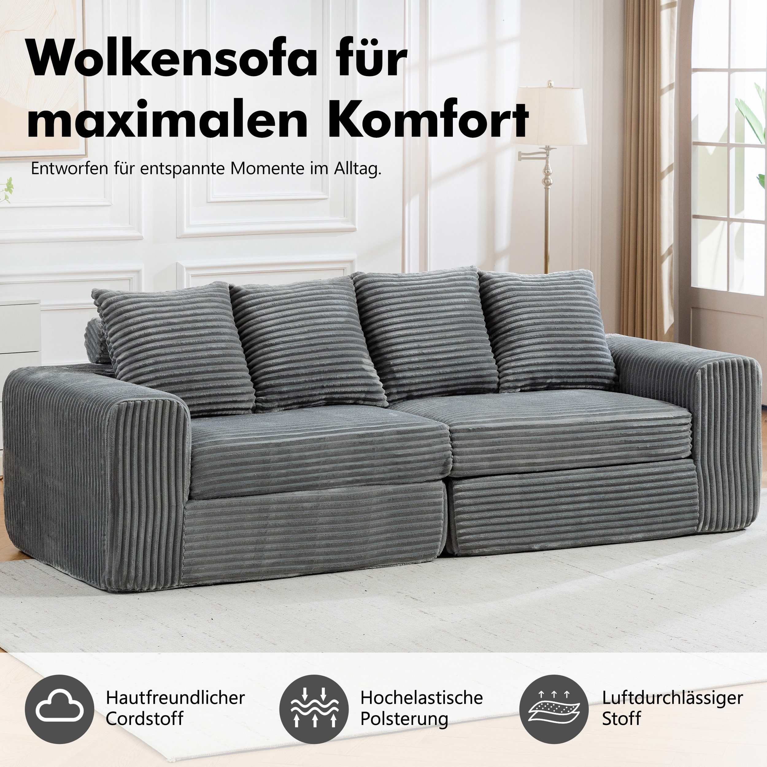 Sinaopus Sofa Breites Cordsofa mit tiefem Sitzkomfort und weichen Kissen, Modulares Sofa mit hochelastischer Polsterung für Wohnzimmer