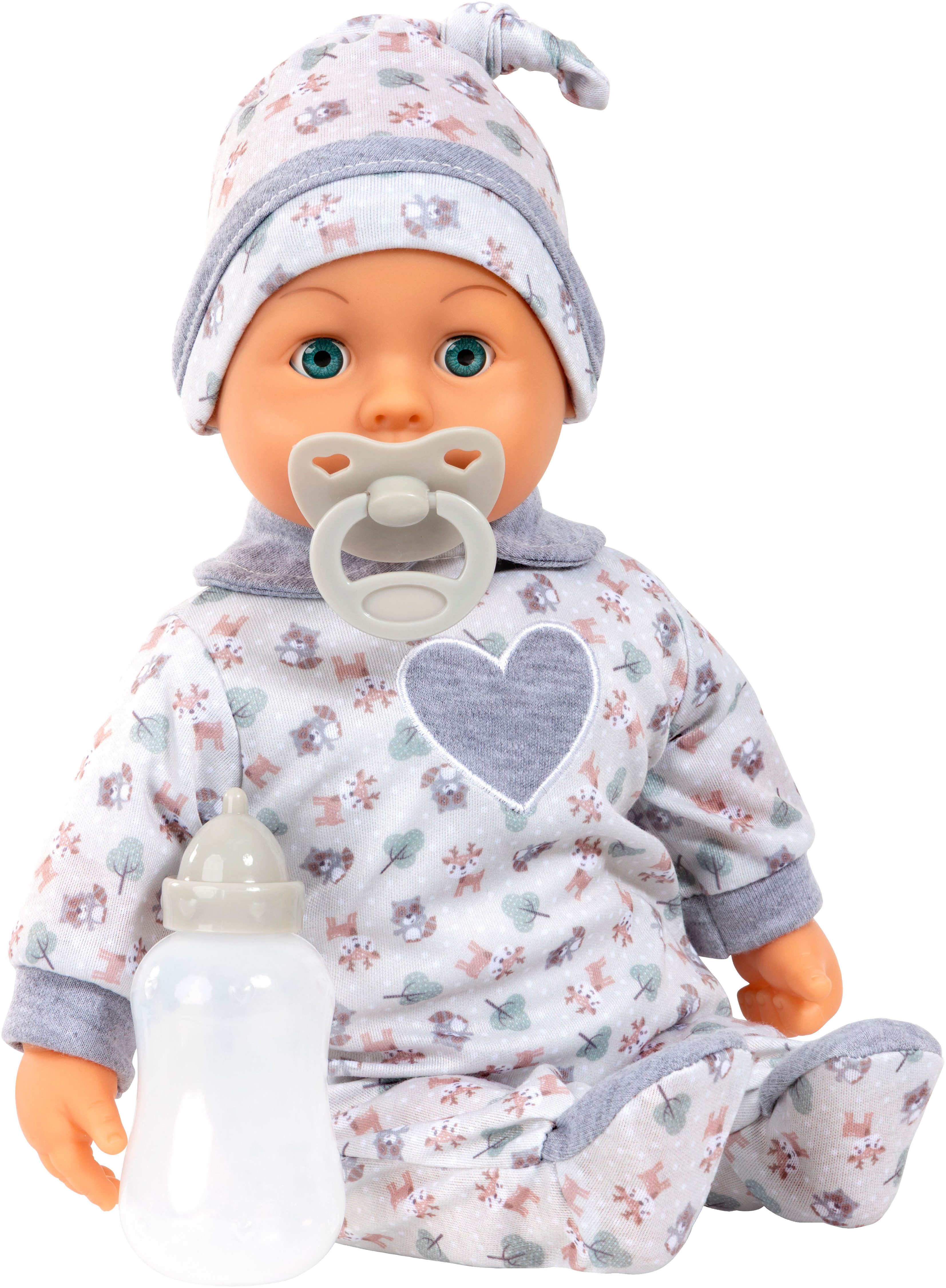 Bayer Babypuppe First Words Baby, 38 cm, grau (3-tlg), mit Schlafaugen und Babygeräuschen