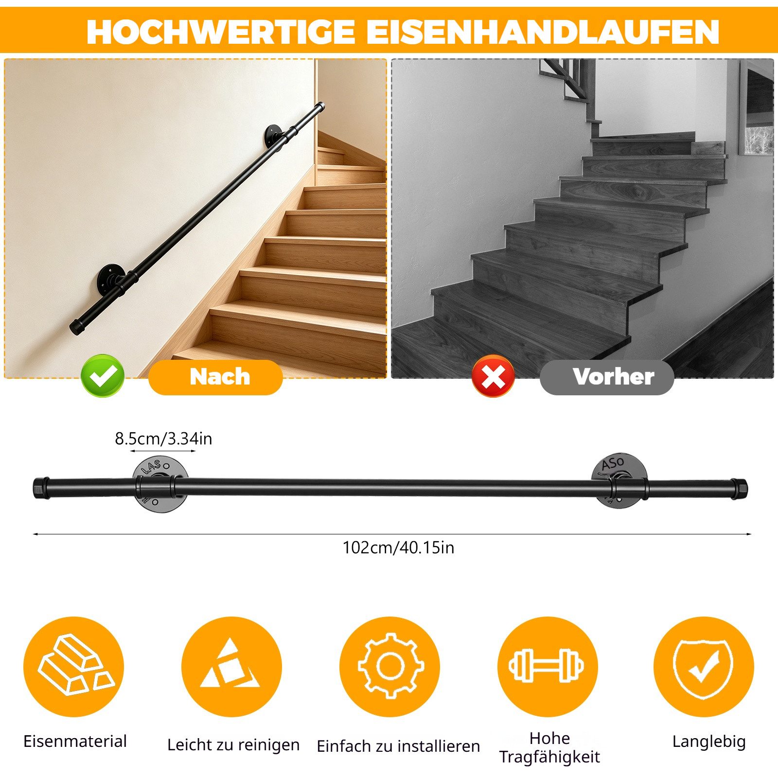 BlingBin Handlauf 150 / 100 cm verzinkter rutschfester Wandhandlauf, 100 cm Gesamtlänge, (1er Set, 1 St., 150cm/100cm), wetterfestes Treppengeländer für Bad, Küche und Garten