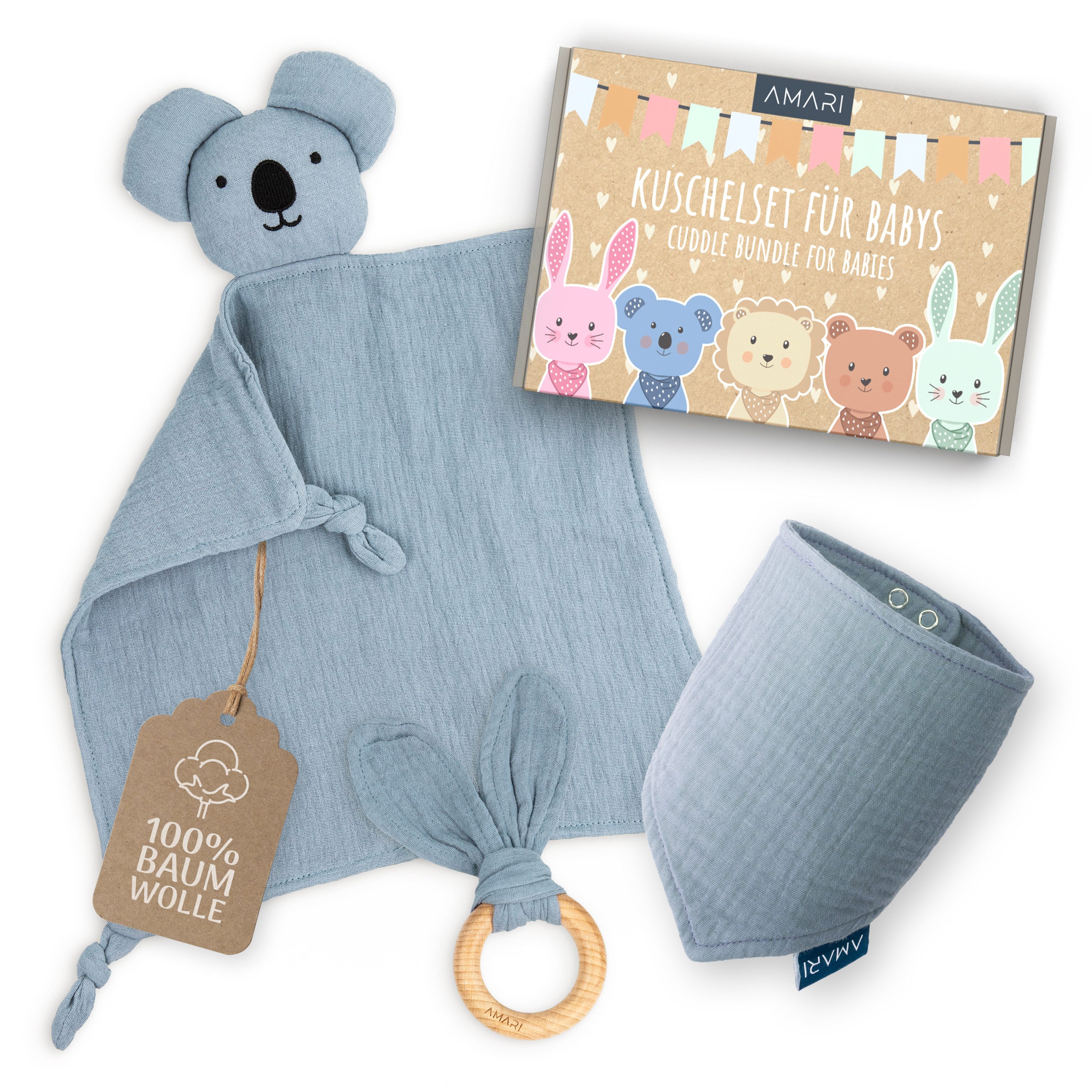 Amari Schmusetuch Bär, Löwe oder Koala, Babygeschenk zur Geburt für Mädchen und Jungen, (Geschenkset, 3-tlg., Schmusetuch, Halstuch, Beißring aus Holz), Musselin aus 100 % Baumwolle, 30 °C waschbar, inkl. Grußkarte