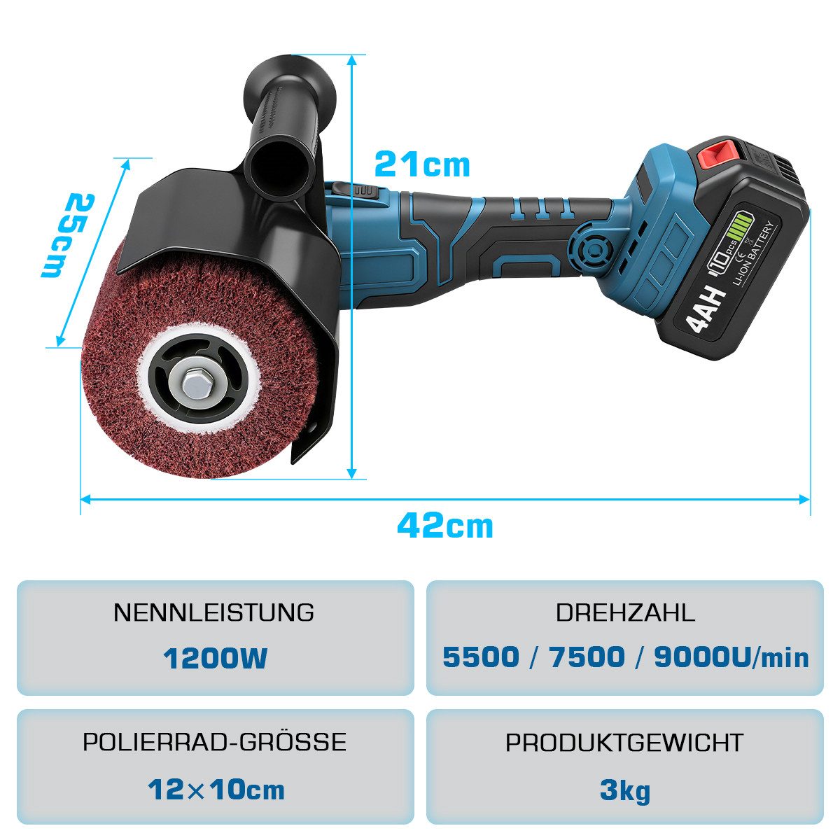 XERSEK Akku-Multischleifer 1200W 3in1 Schleifmaschine Satiniermaschine Bürstenschleifer 3-Stufen, max. 9000 U/min, (Satiniergerät mit M14 Polierrad 120×100mm 2*Akkus 2*Griff Staubschutz), Oberflächenbürste, M14 Polierrad 120×100mm Kompatibel mit Makita-Akku