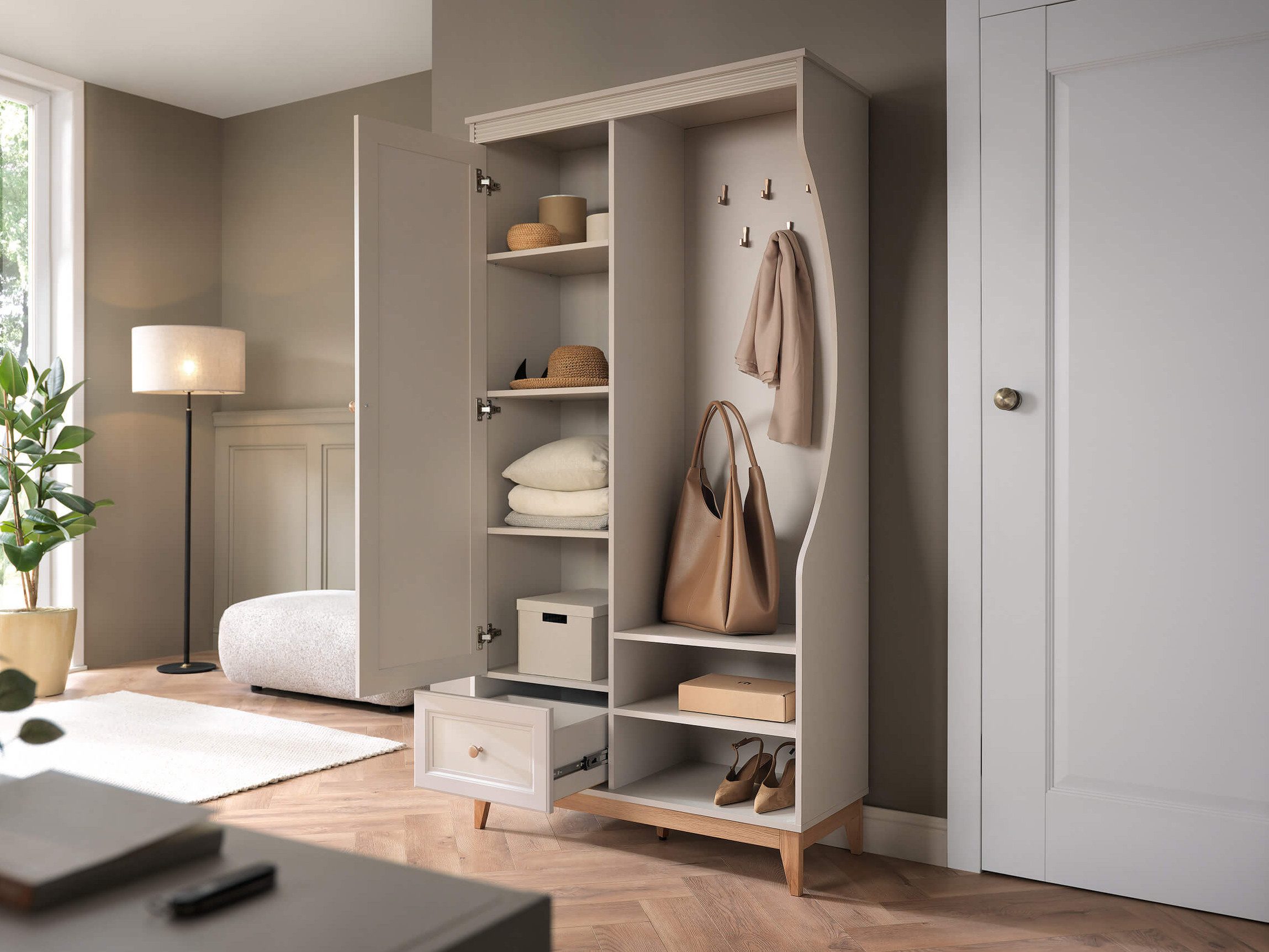 Beautysofa Garderobenschrank Charlott Kaschmir (mit Spiegel, Kleiderstange & offener Schuhablage) Breite: 100 cm