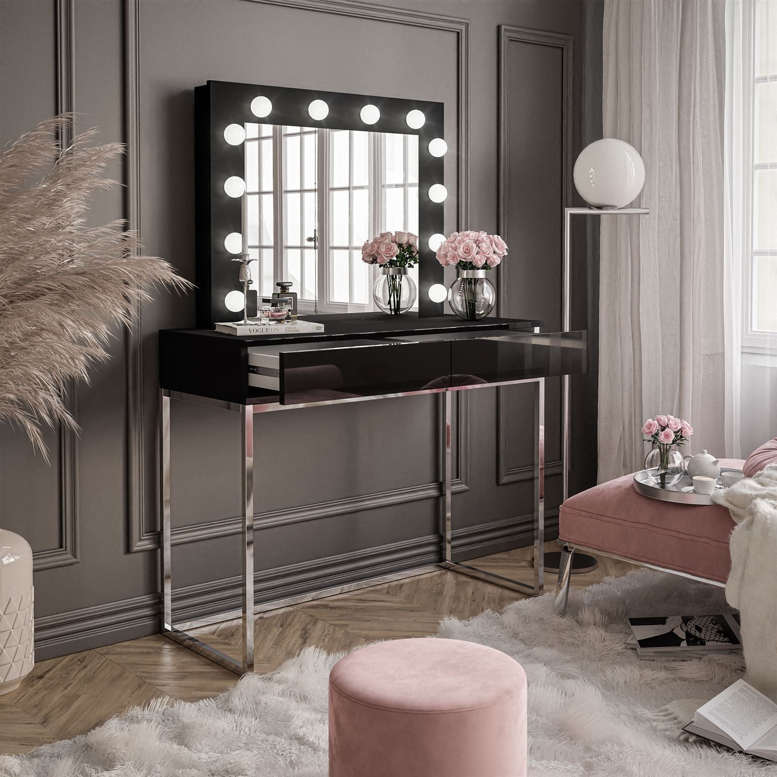 Lookway Schminktisch BLANCO GLAMOUR mit Spiegel und LED-Beleuchtung