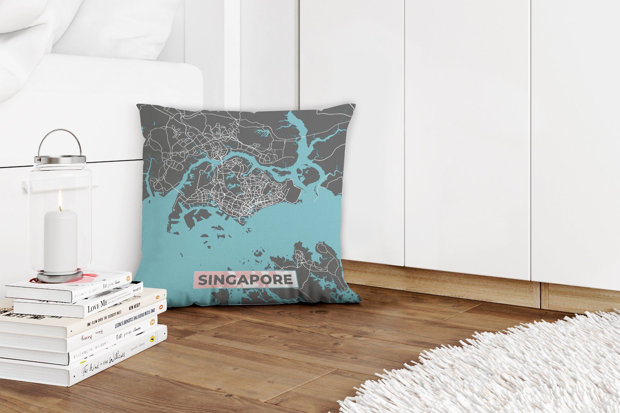 mit Karte Füllung - Blau Dekokissen Singapur Stadtplan, - - Zierkissen MuchoWow Sofakissen Wohzimmer, Schlafzimmer, Deko, für