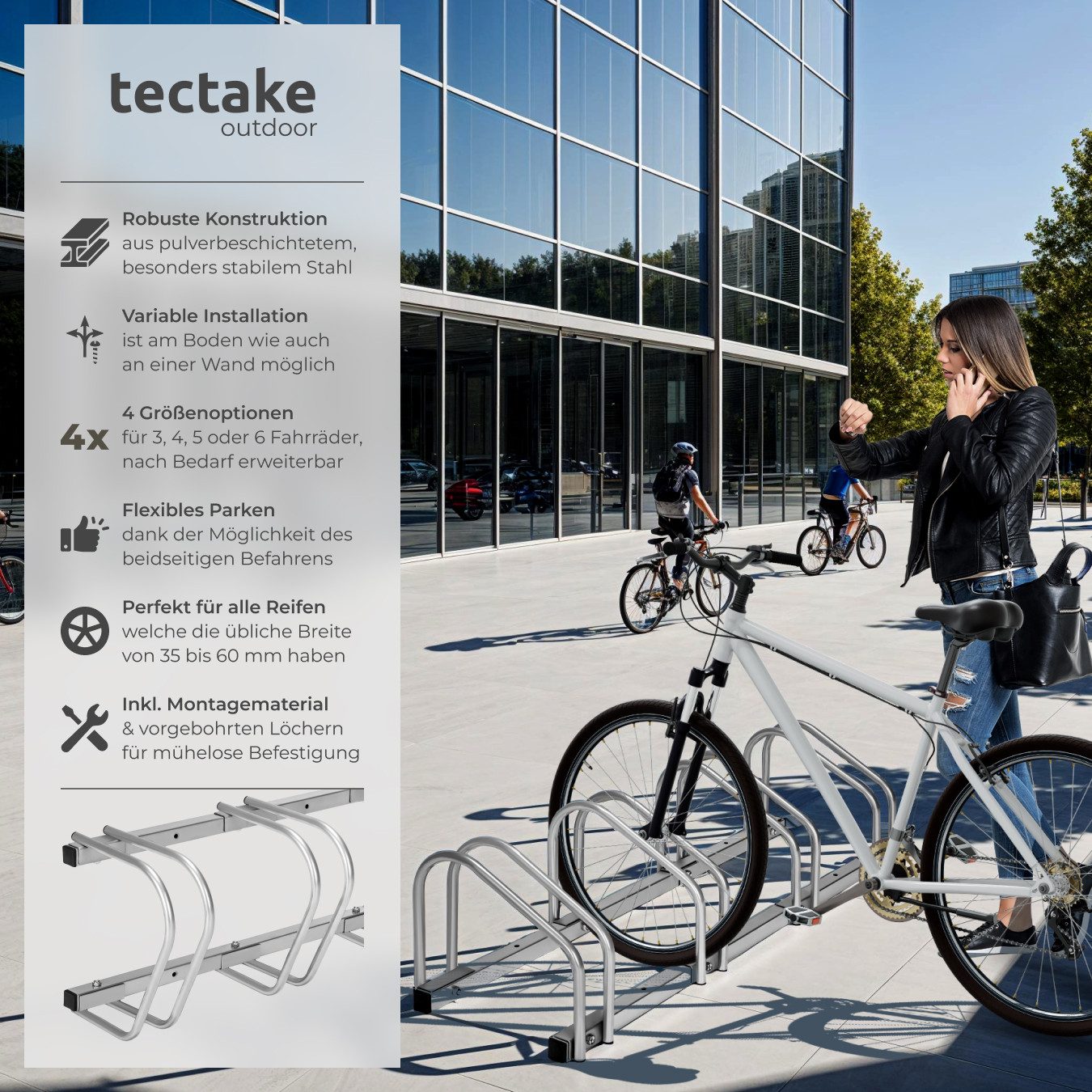 tectake Fahrradständer Fahrradhalter aus rostfreiem Stahl für Reifenbreiten von 35 - 60 mm, Boden- und Wandmontage, von beiden Seiten befahrbar