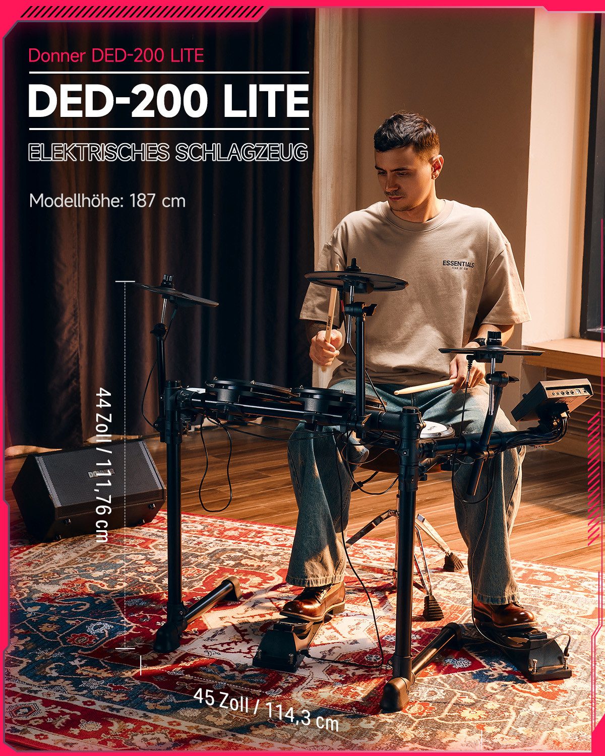 Donner E-Drum E-Schlagzeug 450 Sounds mit Thron Pedale Kopfhörer Unterricht DED-200,Set, Trommelhocker/Drumsticks/Kopfhörer/Audiokabel, 5 Trommeln und 4 Becken