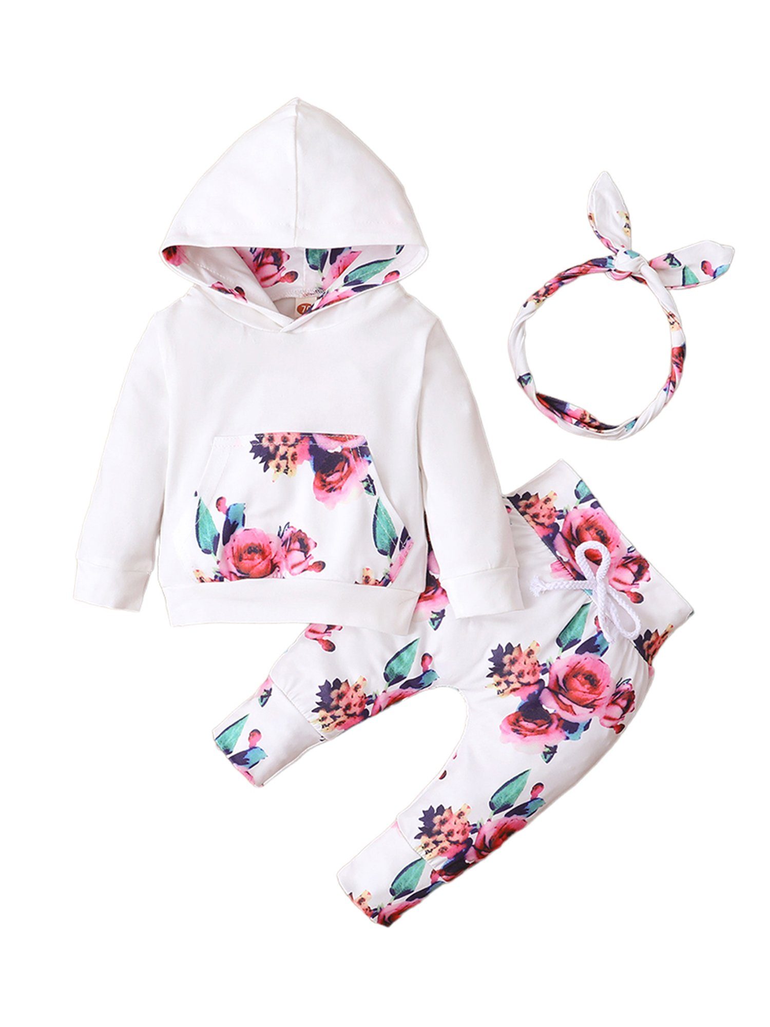 Gluckids Kapuzentop Baby-Sets Langarm Tops & Hose Outfits Printed Kapuzen Freizeitanzug (3-tlg) Hoodie Sweatshirt + Hose + Stirnband Frühling & Herbst Babykleidung