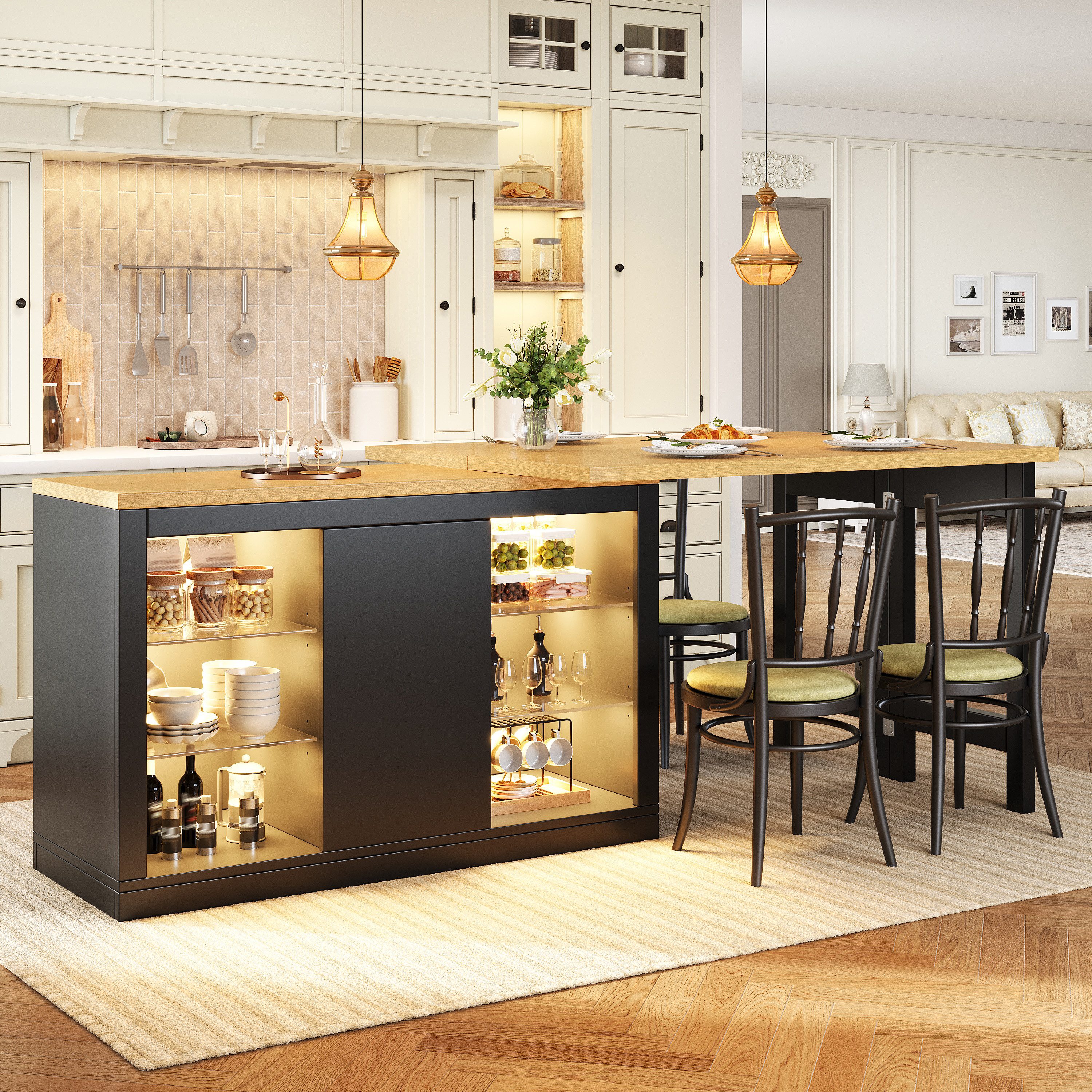HAUSS SPOLE Kücheninsel Esstisch mit LED,360° drehbar Küchenschrank mit Einlegeböden,Schwarz, (Ausziehbarer Esstisch Bartisch mit Glasablagen und Snack-Regal), Buffetschrank mit 120–197 cm Ausziehfunktion und 360° Drehfunktion
