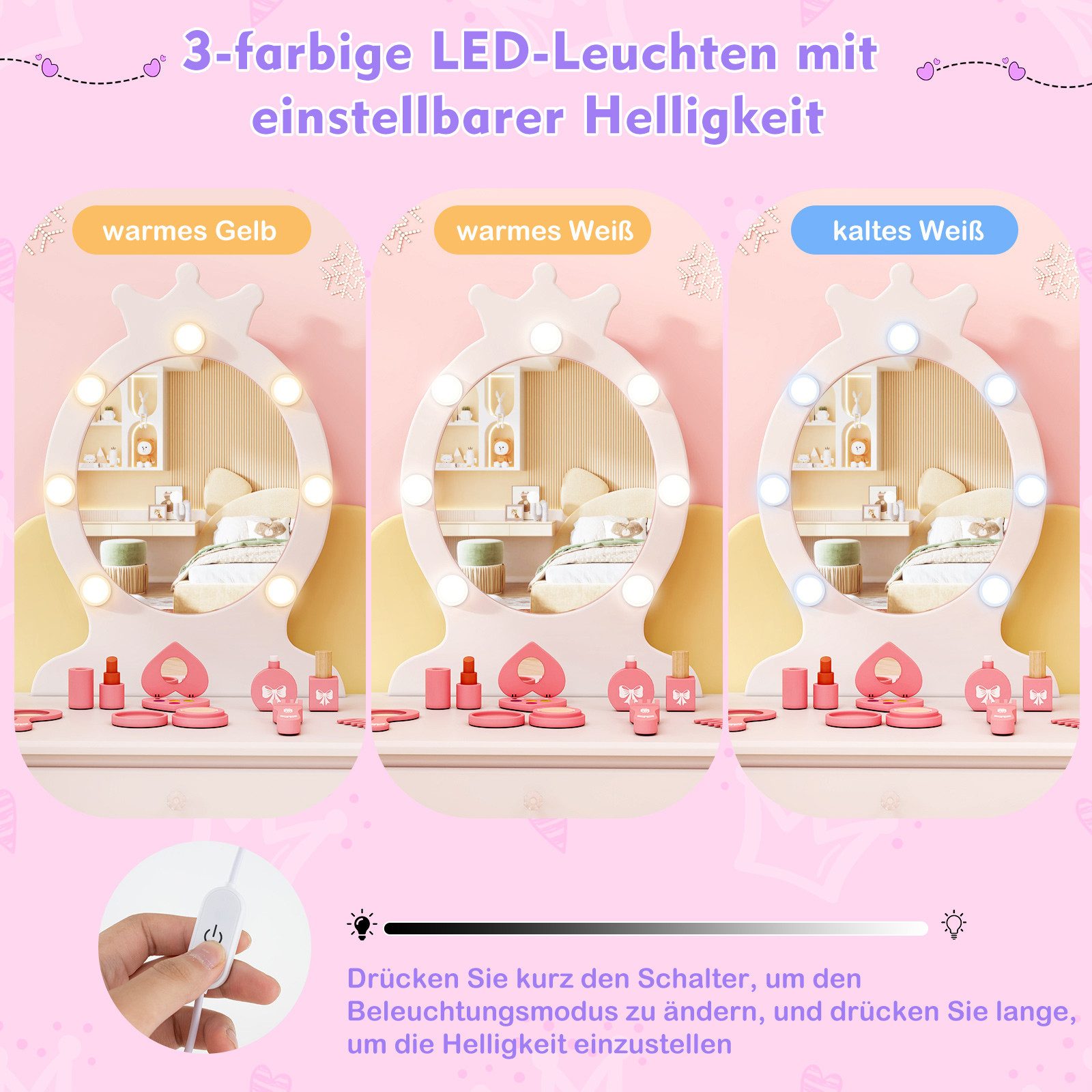 COSTWAY Schminktisch Kinderschminktisch mit Hocker, mit LED Beleuchtung günstig online kaufen