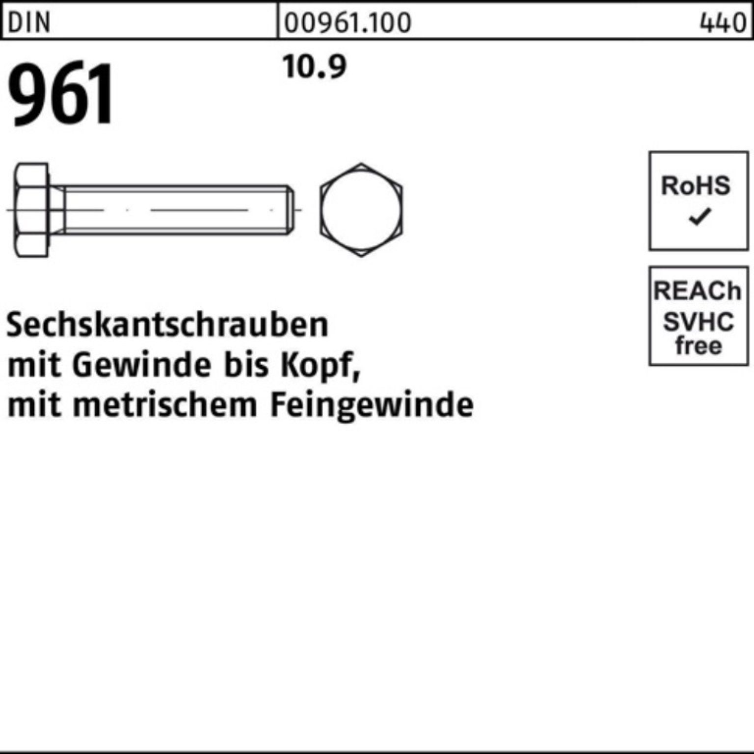 Reyher Sechskantschraube 100er Pack Sechskantschraube DIN 961 VG M12x1,5x 75 10.9 50 Stück DIN