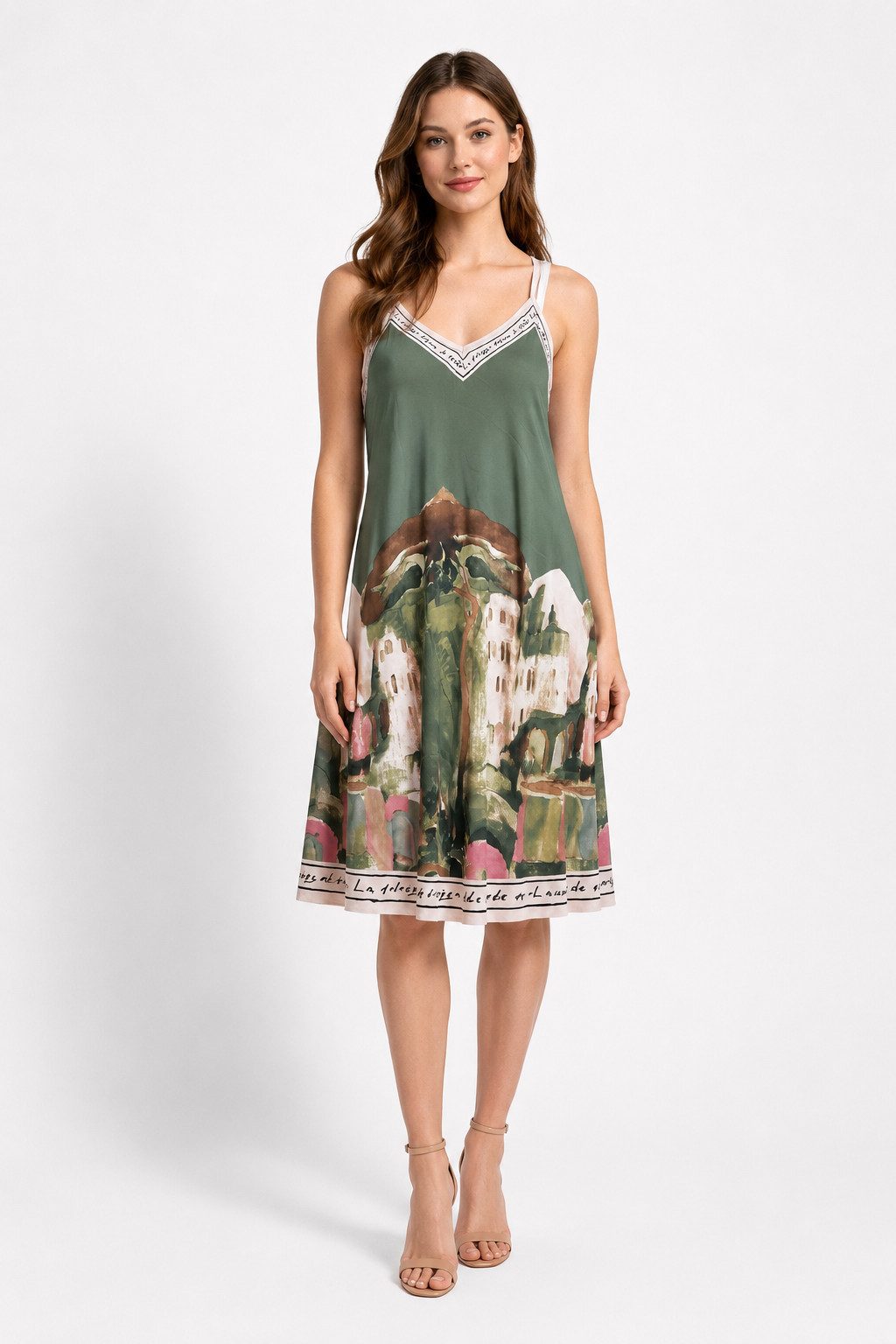 ITALY VIBES Sommerkleid - Trägerkleid - Viskose Kleid mit Landschaftsprint für Damen One Size / Einheitsgröße - passend für Größe S - L
