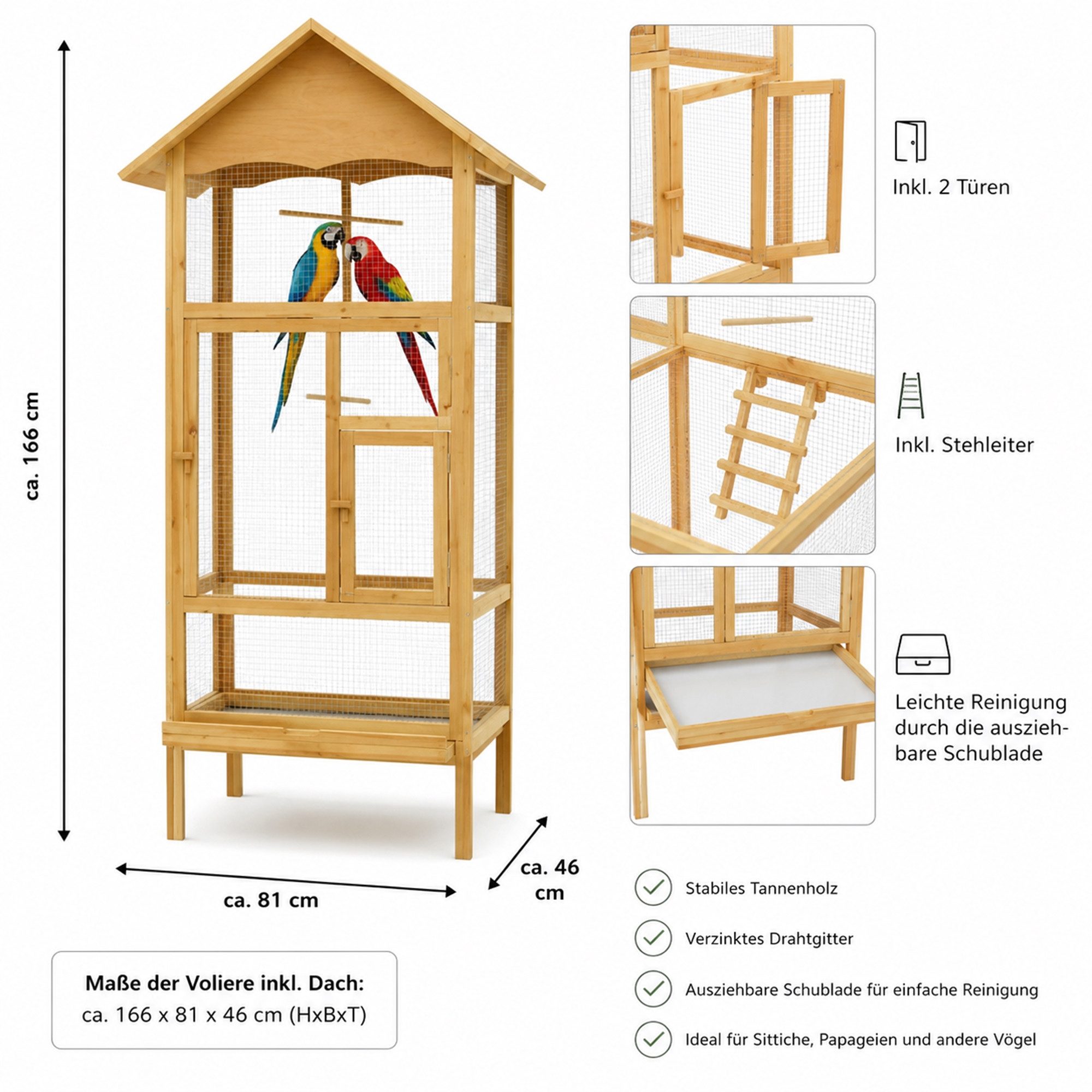 Mucola Vogelhaus Vogelvoliere Holz Vogelkäfig Käfig Papageienkäfig M02 Außenvoliere, Imprägniert und verzinkt