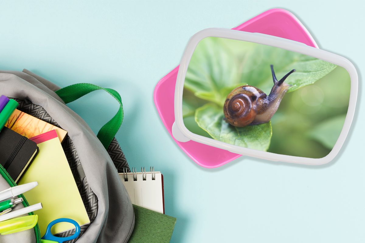 Mädchen, für auf Brotdose (2-tlg), Kinder, MuchoWow Kunststoff, Schnecke Lunchbox Snackbox, rosa Erwachsene, Kunststoff Brotbox Blatt,