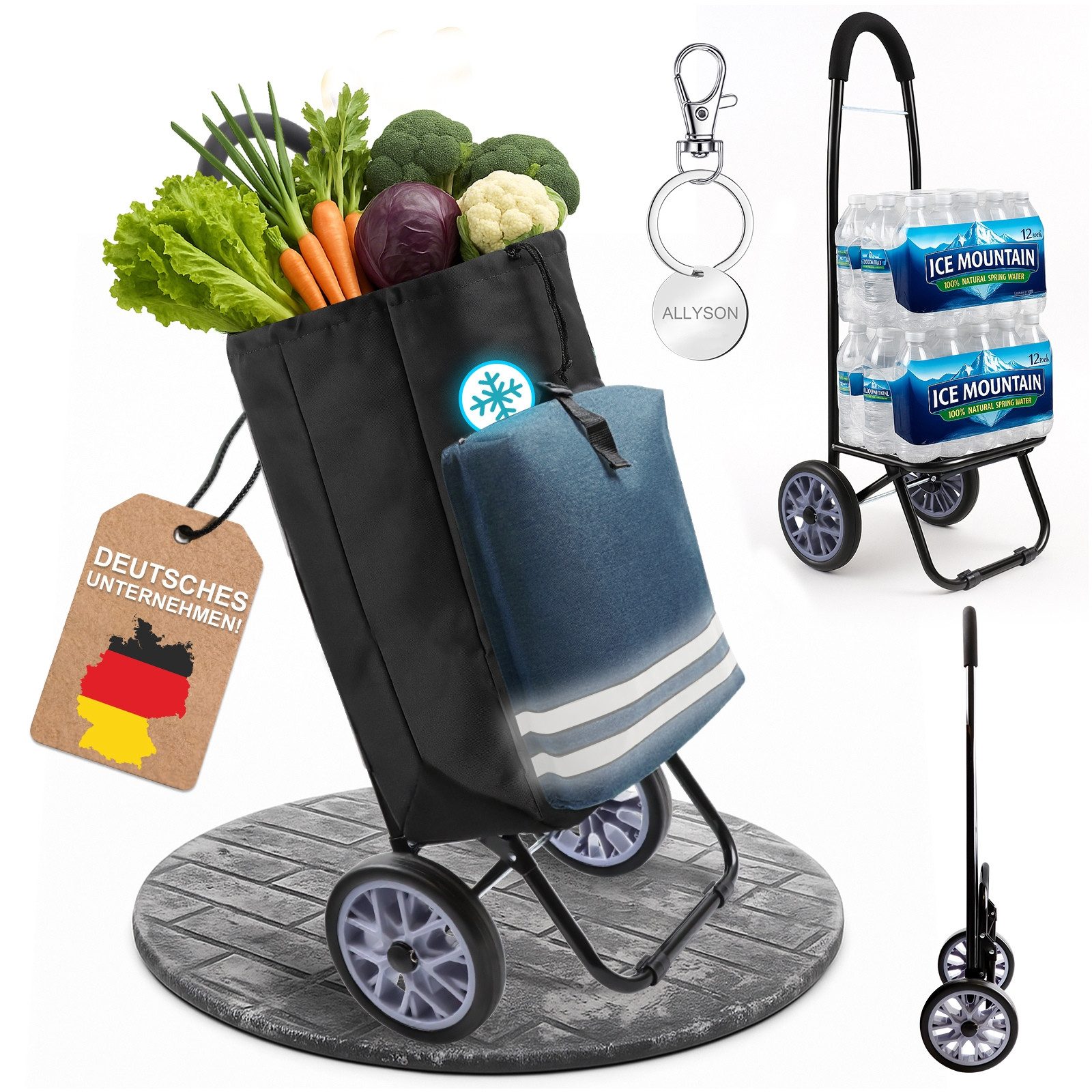 Allyson Einkaufstrolley Klappbarer Shopping Trolley & Einkaufswagen Treppensteiger, 45L Volumen, Kühlfach, Reflektoren, Farbe: Blau, Aluminium-Gestell