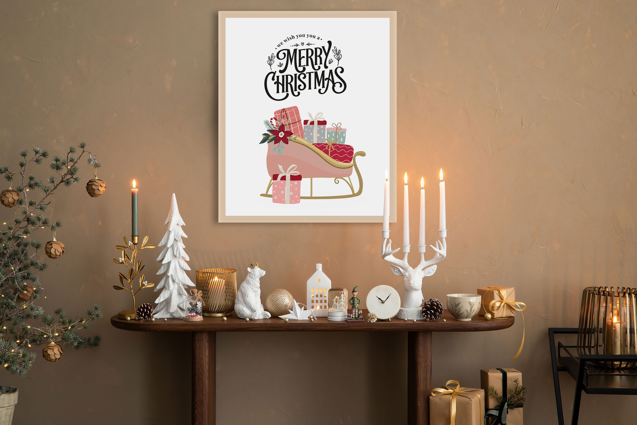 queence Bild mit Rahmen Schlitten, Jahreszeiten, Kutschen, Schriftzug, Weihnachten (1 St), Premium Rahmenbild, liebevolle Handarbeit