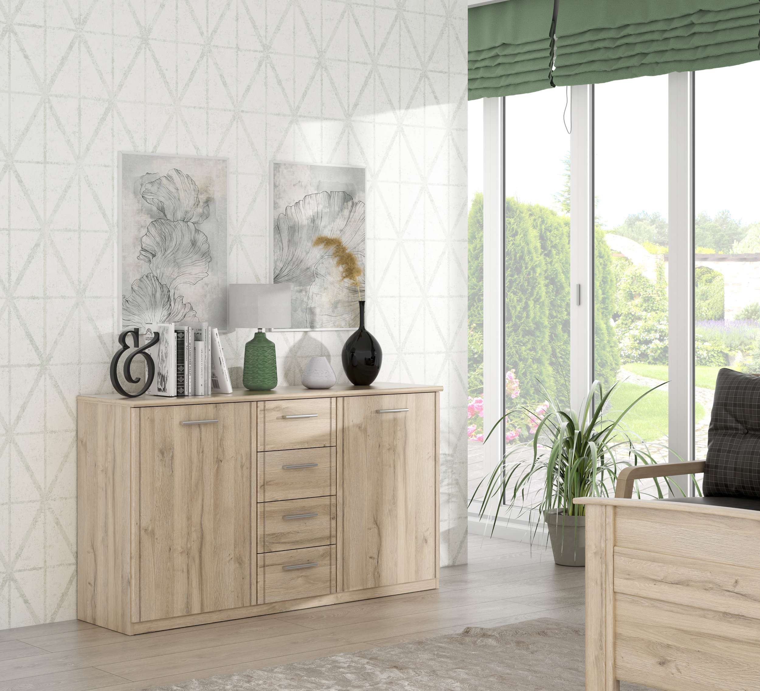 99rooms Kommode Goria (Sideboard, Schubladenkommode), 2-türig, mit 4 Schubladen, stehend, aus Holzwerkstoff