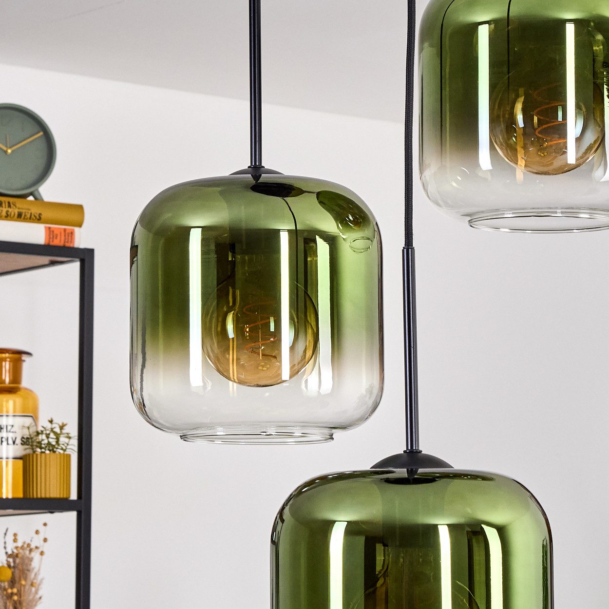 hofstein Hängeleuchte Hängelampe aus Metall/Glas in Schwarz/Grün/Klar, ohne Leuchtmittel, Pendelleuchte im Retro/Vintage-Design (Schirme Ø 20 cm), 3 x E27